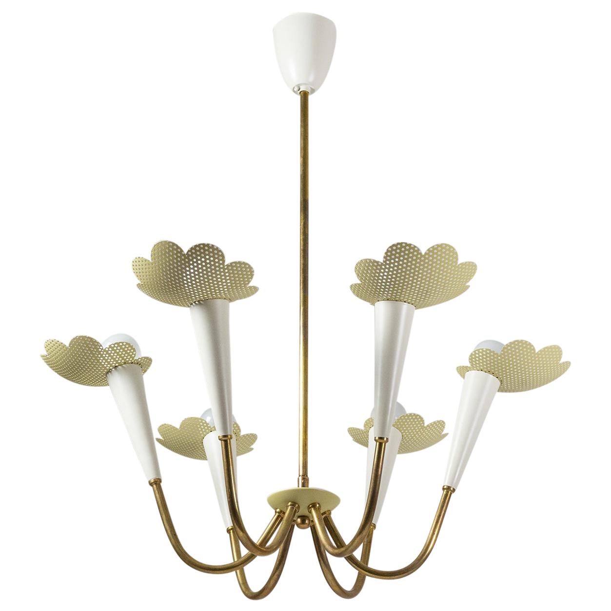 1950s Six-Arm Brass Chandelier with Pierced Shades