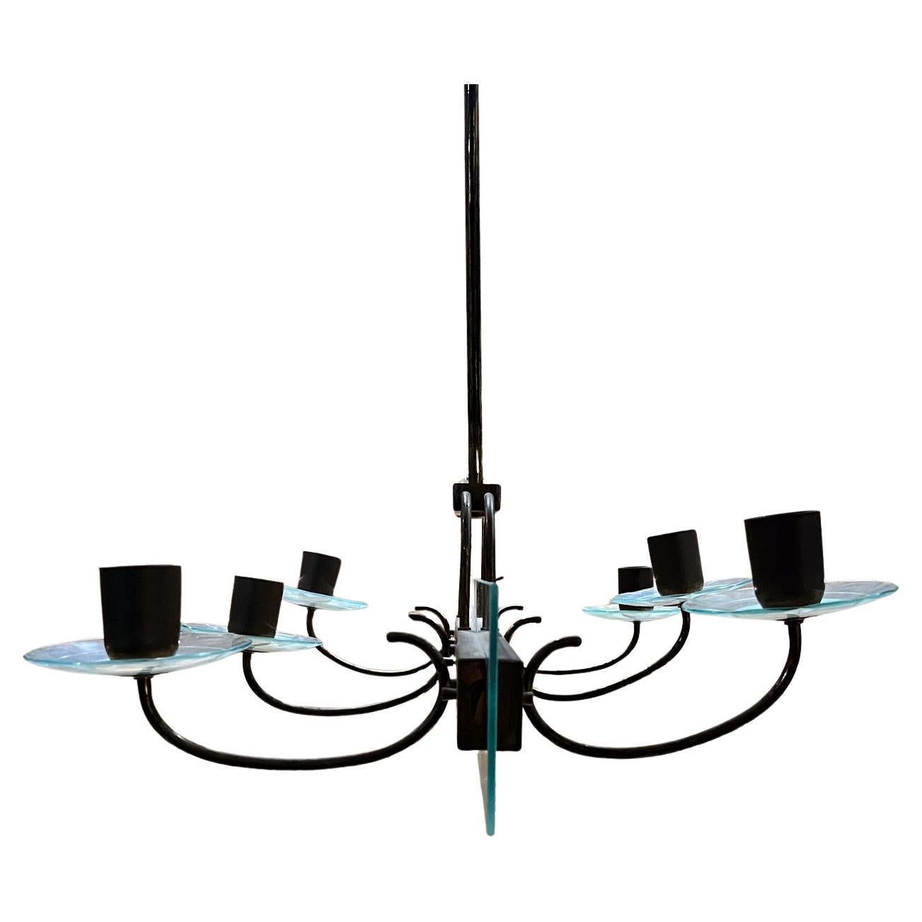 1950er Sechsarmiger Kronleuchter Schwebend Messing Geschliffenes Glas Fontana Arte Italien im Angebot