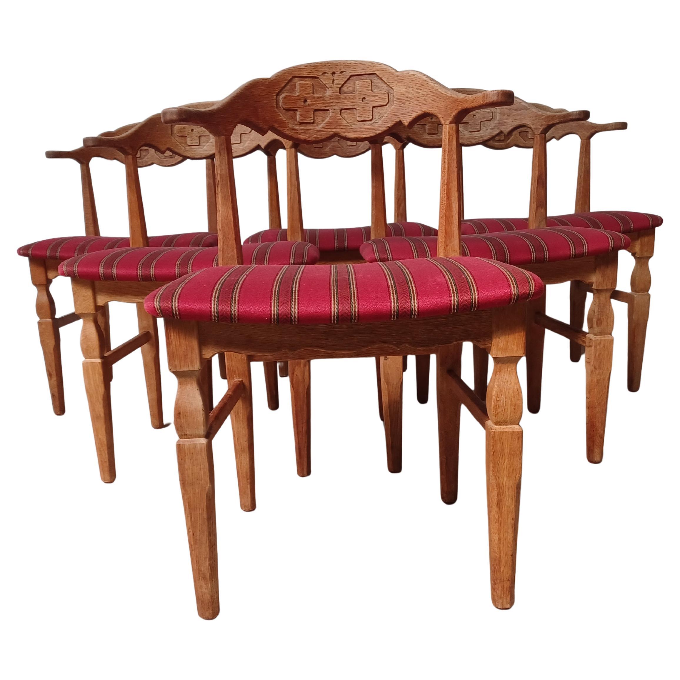 1950s Six Original Danish Henning Kjærnulf Brutalist Dining Chairs in Oak