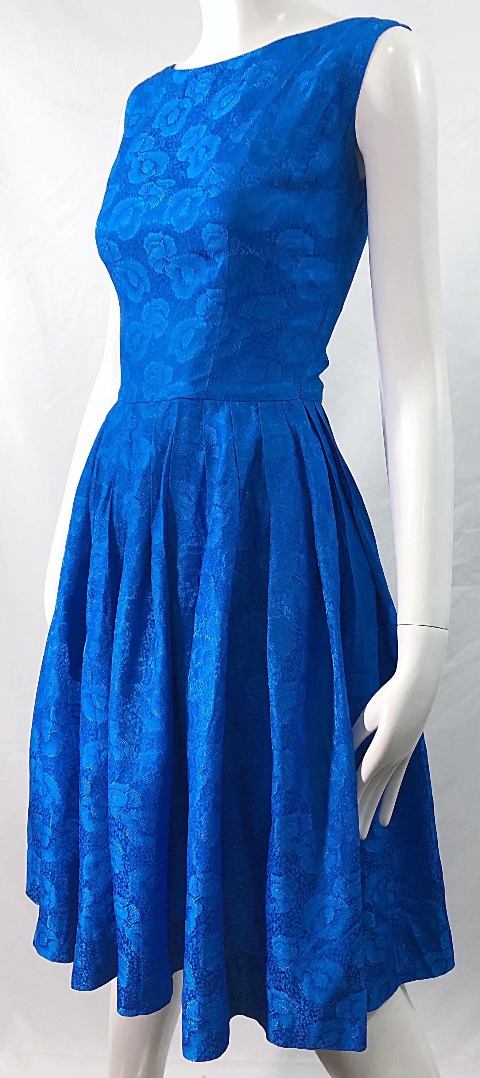 Women's 1950s Size 0 Cobalt Blue Silk Damask Fit n' Flare Vintage 50s Rockabilly Dress For Sale