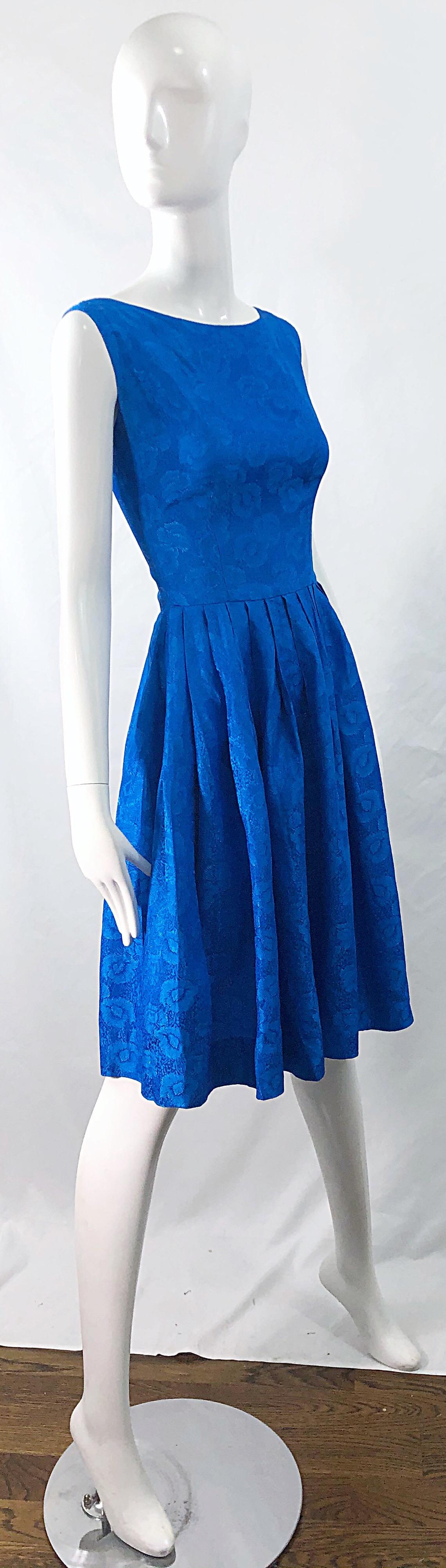 1950s Size 0 Cobalt Blue Silk Damask Fit n' Flare Vintage 50s Rockabilly Dress For Sale 1