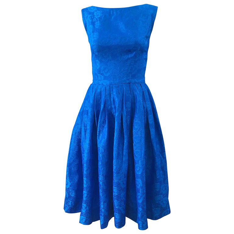 1950s Size 0 Cobalt Blue Silk Damask Fit n' Flare Vintage 50s ...