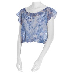 1950S Sky Blue Nylon Oversized Shell Top Covered In Silk Swirly Leaf Embroidery