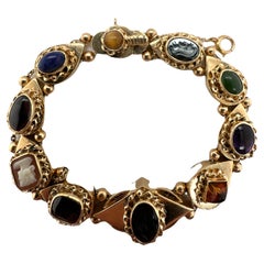 Bracelet coulissant en or jaune 14 carats avec camée en jade, citrine, améthyste et onyx, années 1950