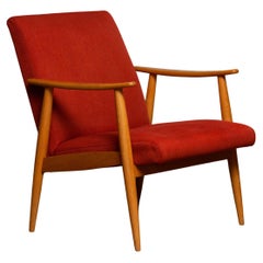 1950's Slim Danish Oak Cigar Chair / Lounge Chair with Vintage Red Wool