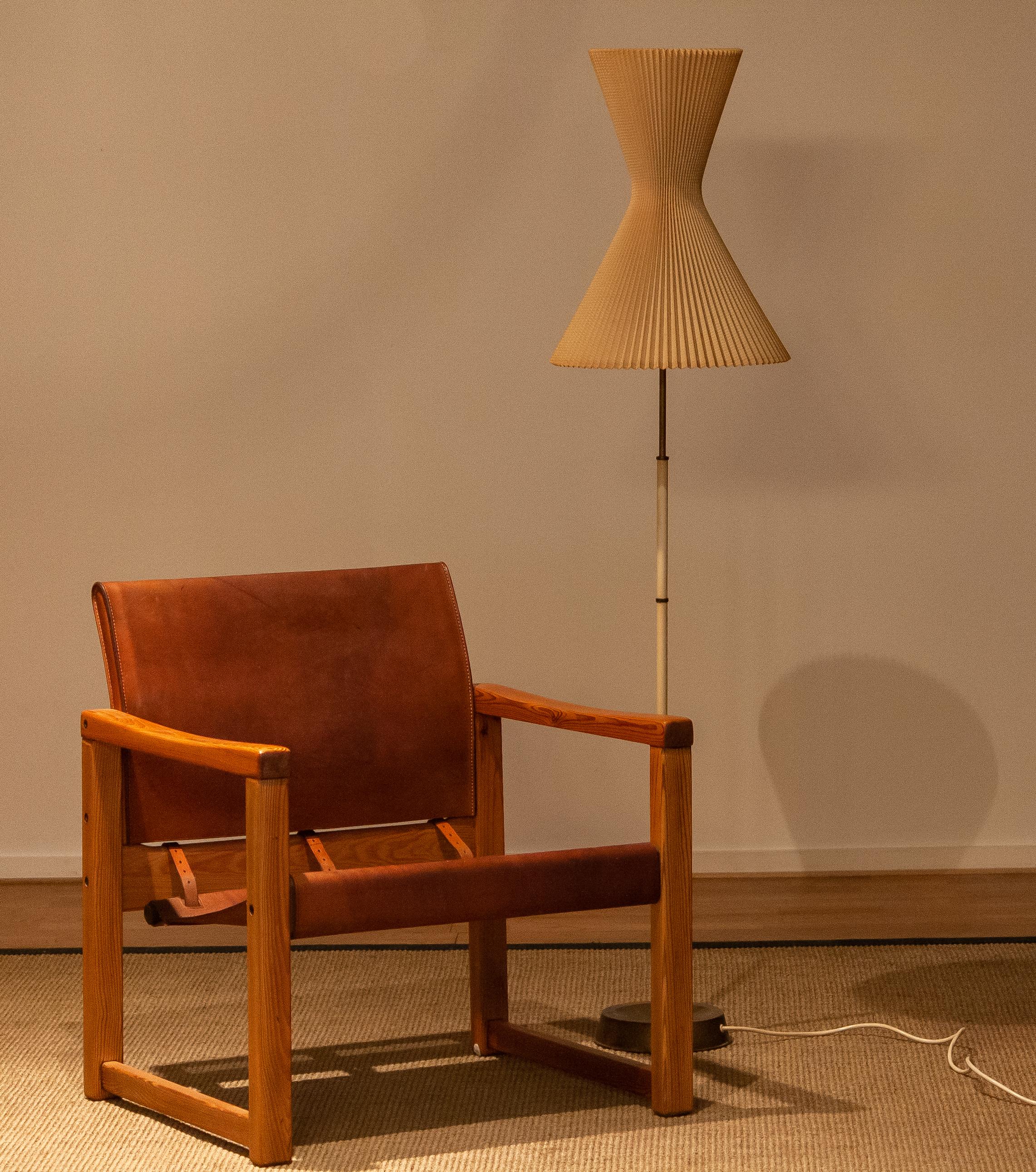 French 1950s Slim German Floor Lamp Made of Brass with Large Cotton Diabolo Shade