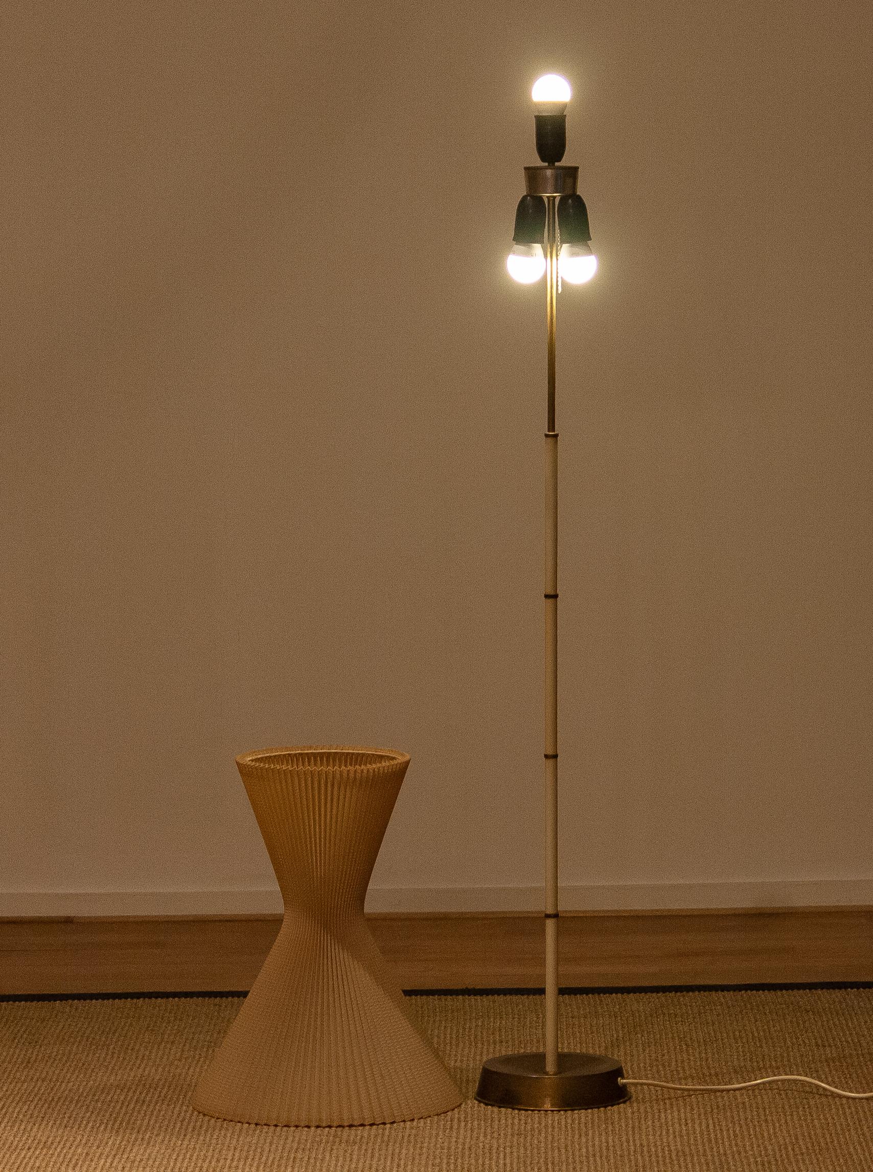 Mid-20th Century 1950s Slim German Floor Lamp Made of Brass with Large Cotton Diabolo Shade