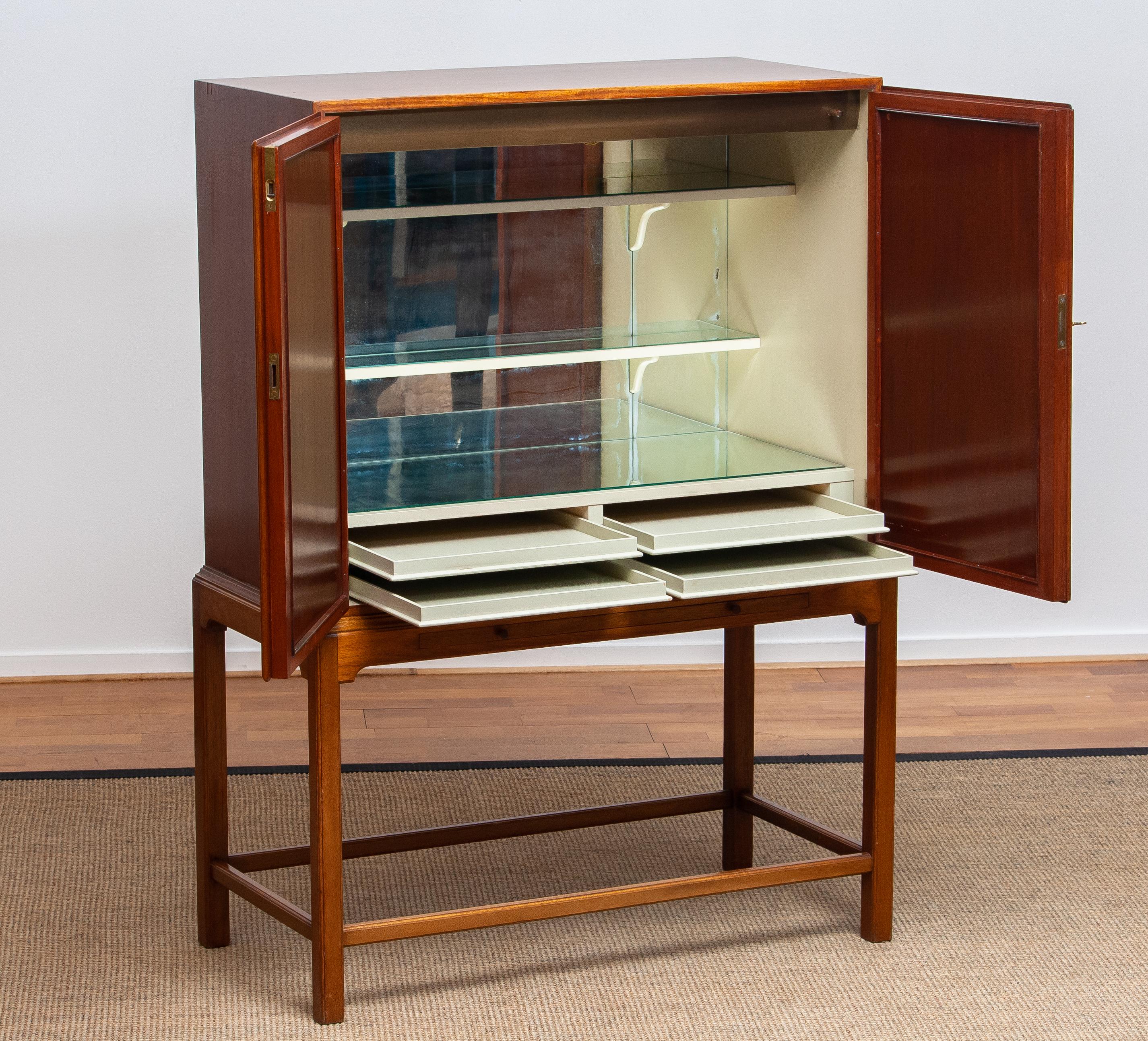 Brass 1950s, Slim Scandinavian Midcentury Mahogany Dry Bar / Luxury Cabinet