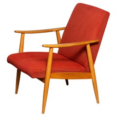 1950's Slim Scandinavian Oak Cigar Chair / Lounge Chair with Red Wool Fabric
