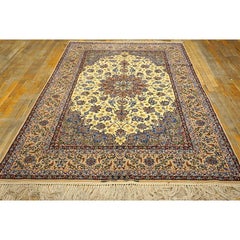 1950s Small Classic Beige Field Medallion Vintage Isfahan Wool Silk Carpet Rug