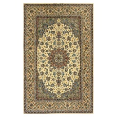 1950s Small Classic Beige Field Medallion Vintage Isfahan Wool Silk Carpet Rug