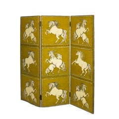 1950s Small Folding Screen, Wooden Structure, Mustard Cotton Fabric, Spain