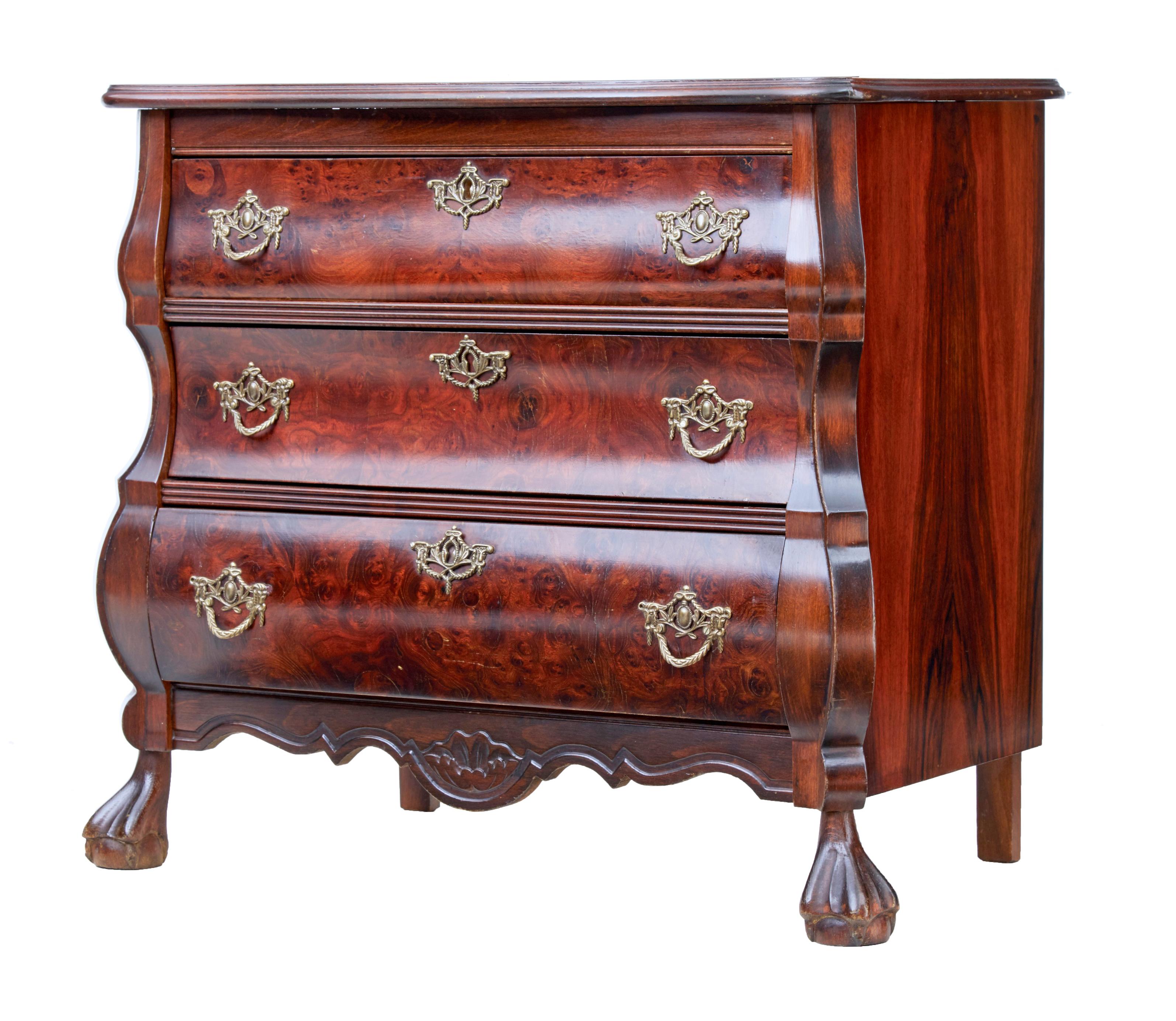 1950s small mulberry bombe shaped commode chest of drawers circa 1950.

Rococo revival chest of small proportions.

Petit Scandinavian commode circa 1950. Made in beautiful mulberry veneers. 3 drawers with ornate brass swag handles and
