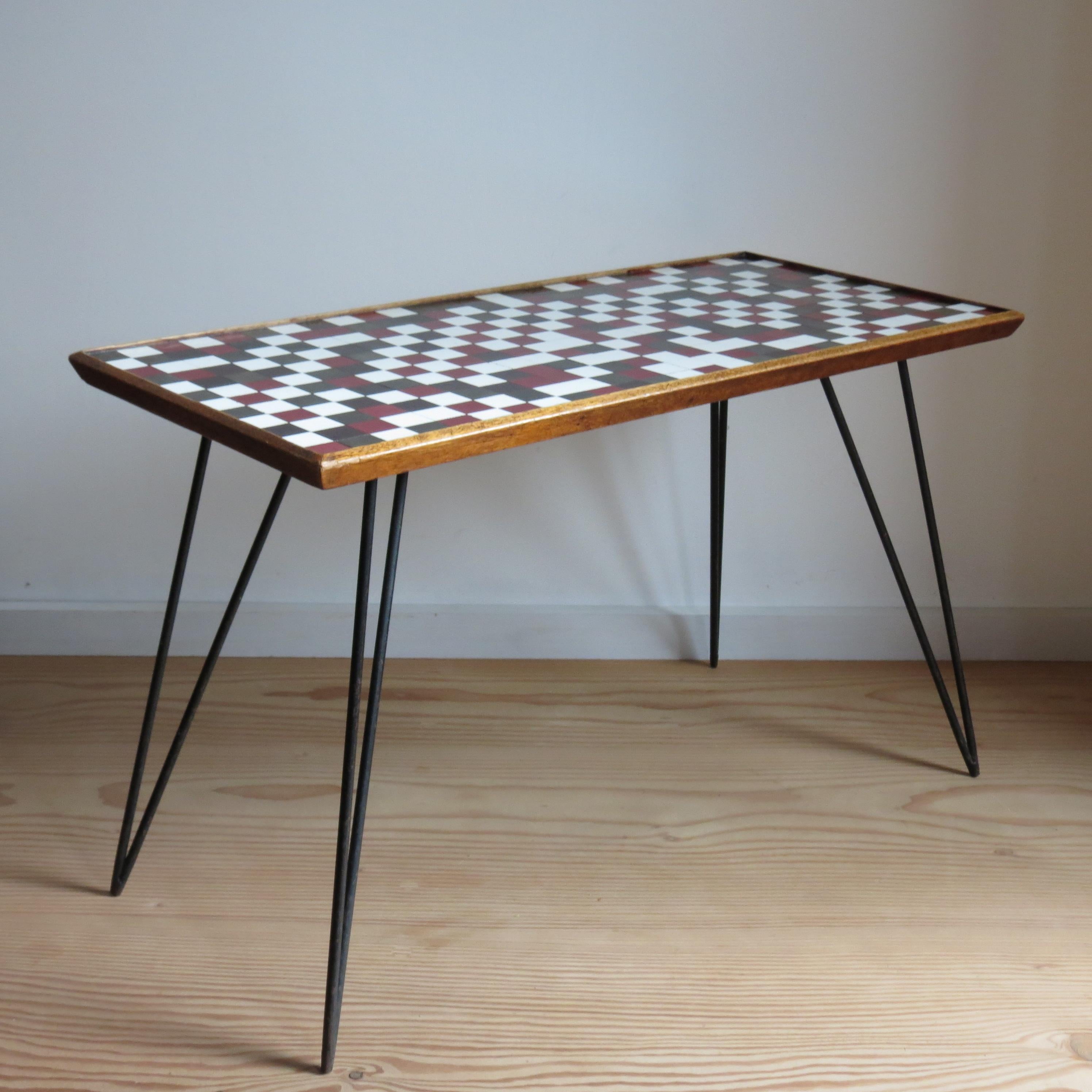 English 1950s small table Mosaic top and metal Hairpin Legs