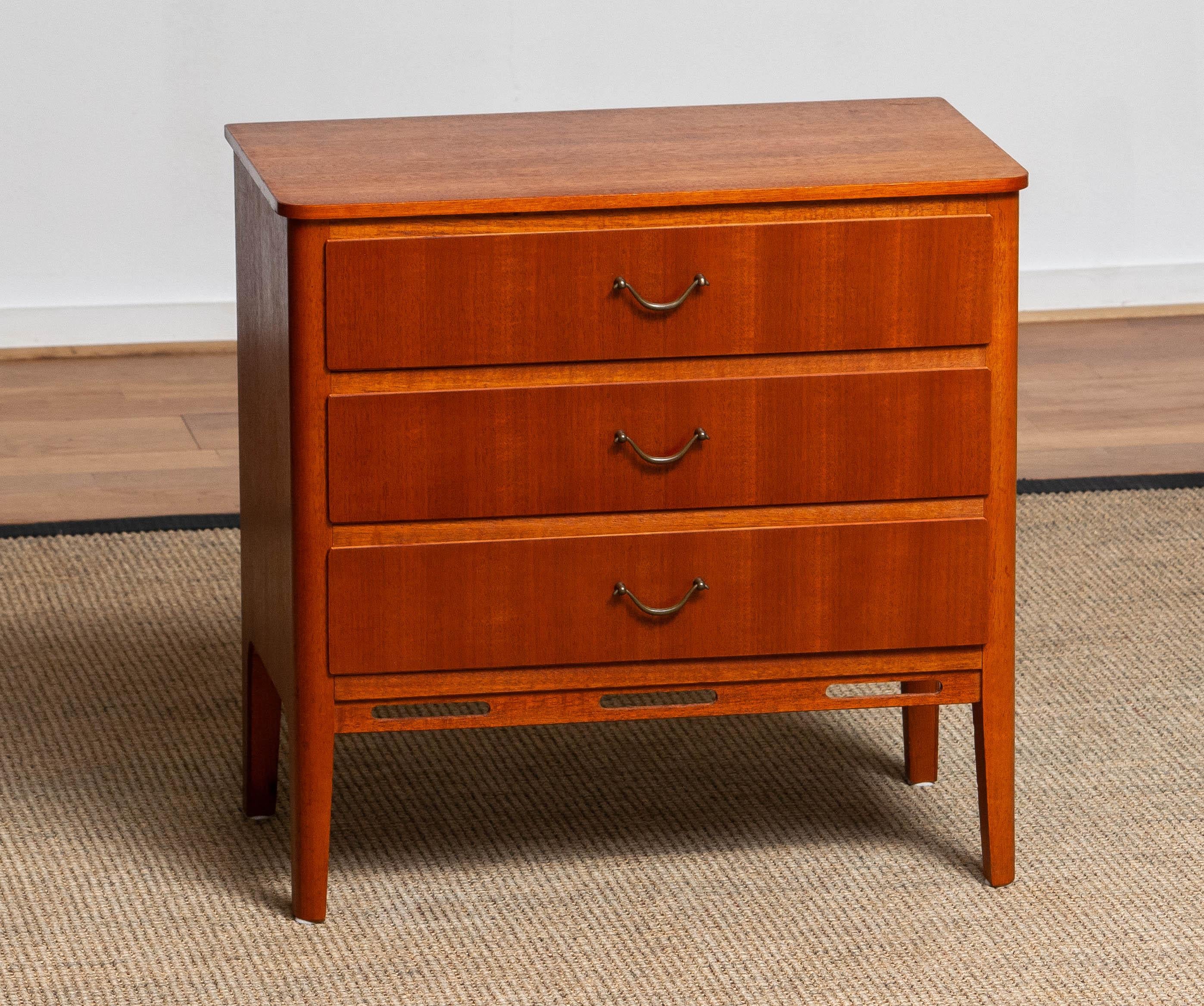 Swedish 1950's Small Teak Three Drawers Dresser / Cabinet / Telephone Table SMI Marked