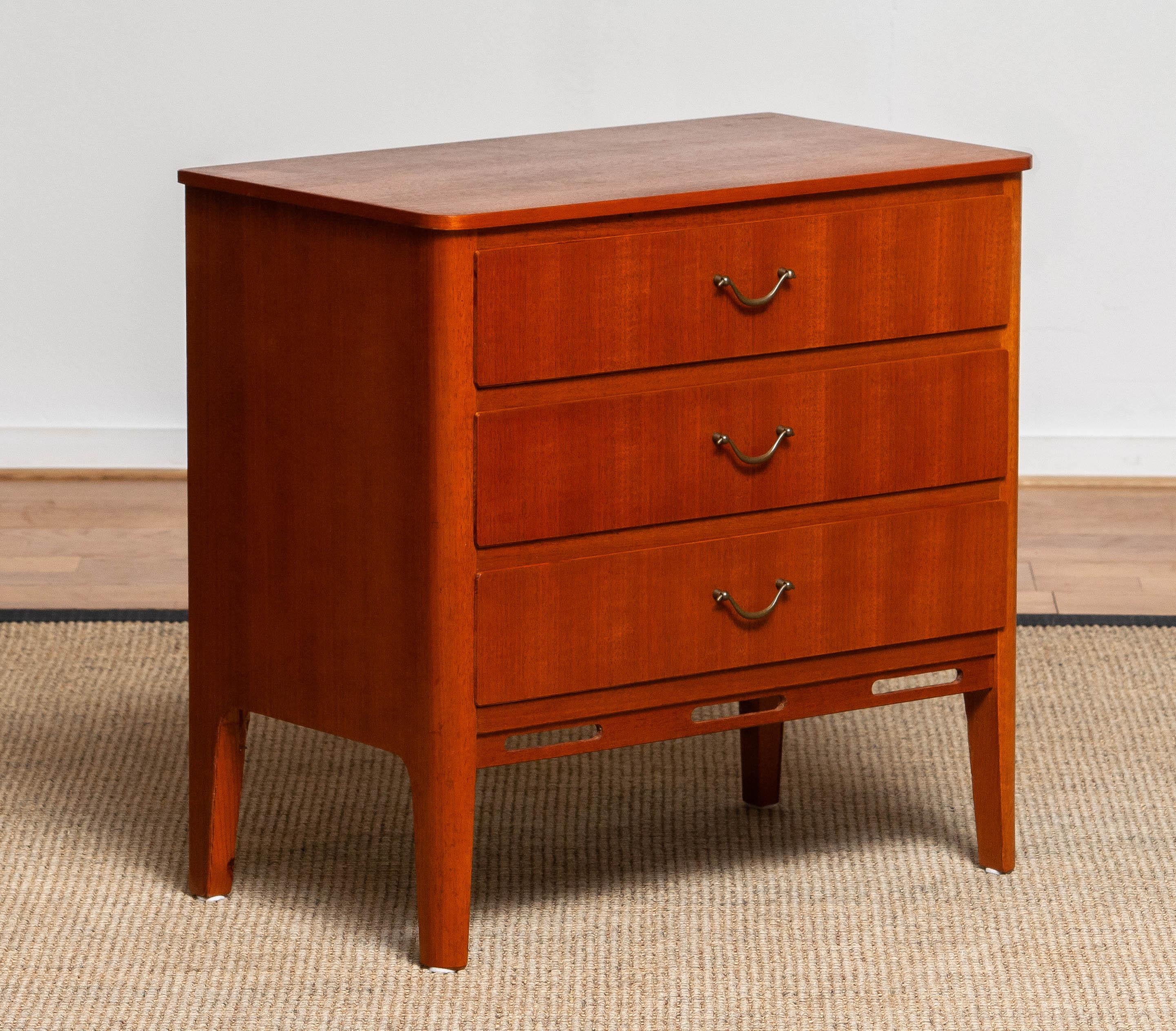 Brass 1950's Small Teak Three Drawers Dresser / Cabinet / Telephone Table SMI Marked