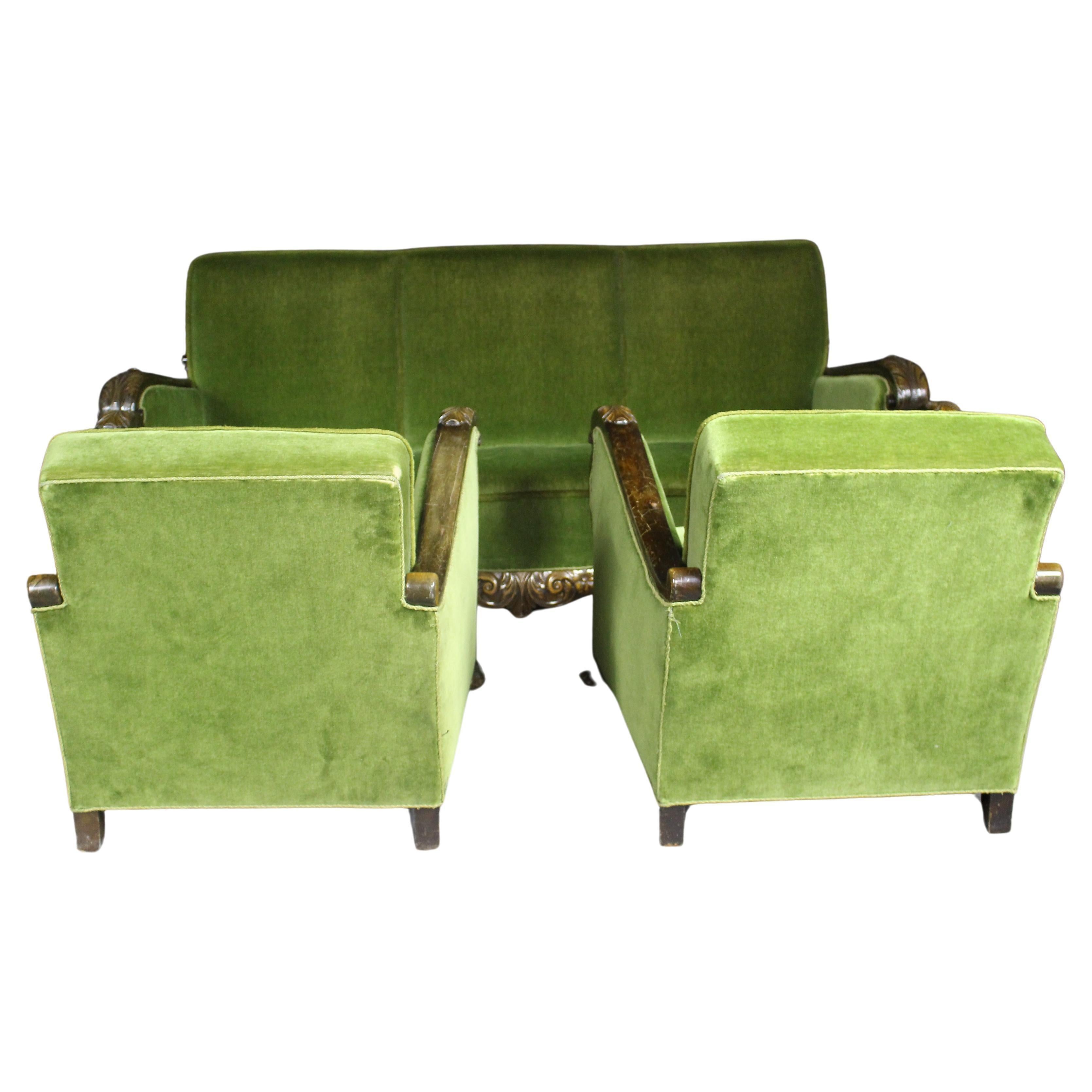 Velvet 1950s Sofa and Armchairs in Art Deco Style For Sale