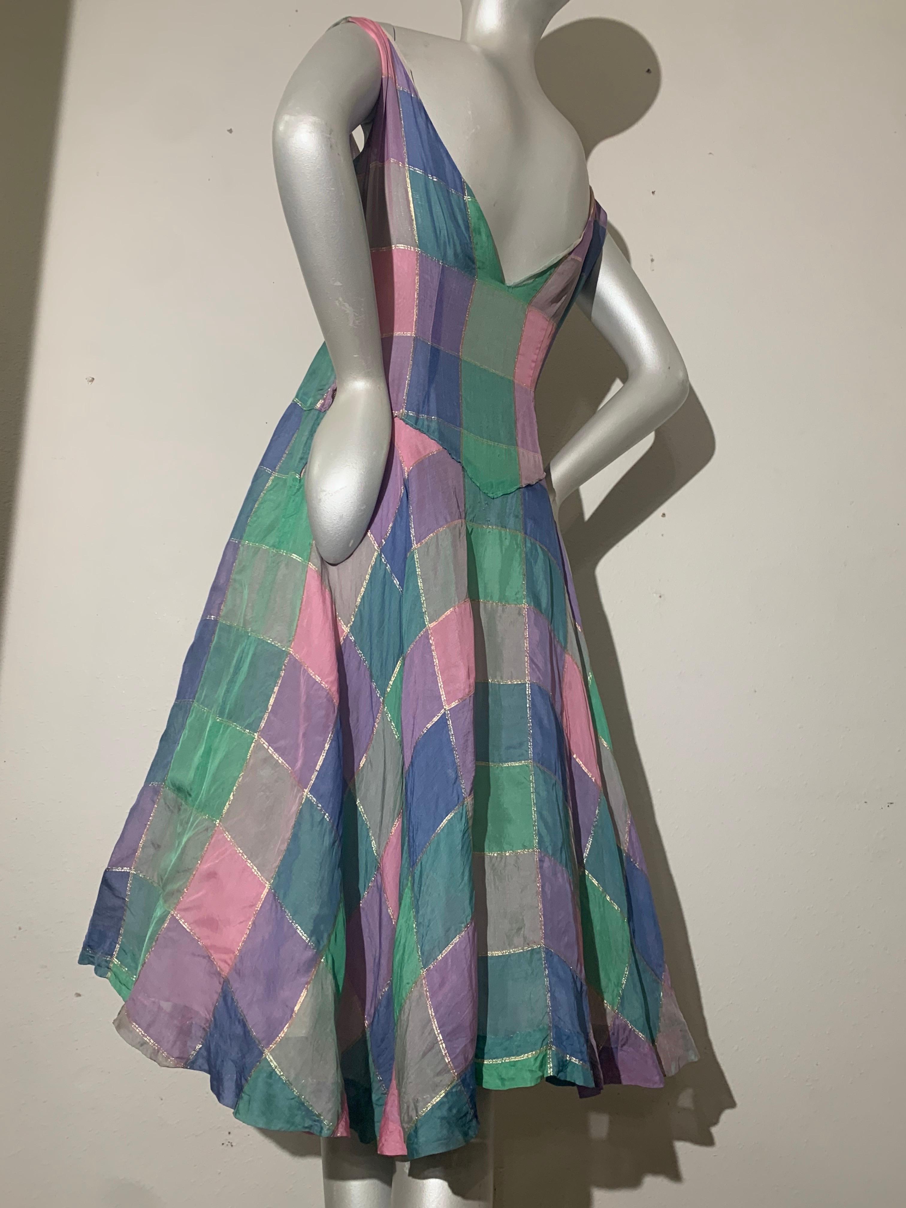 1950s Soft Flowing Plaid Silk Organza Dress in Pink Blue & Teal For Sale 5