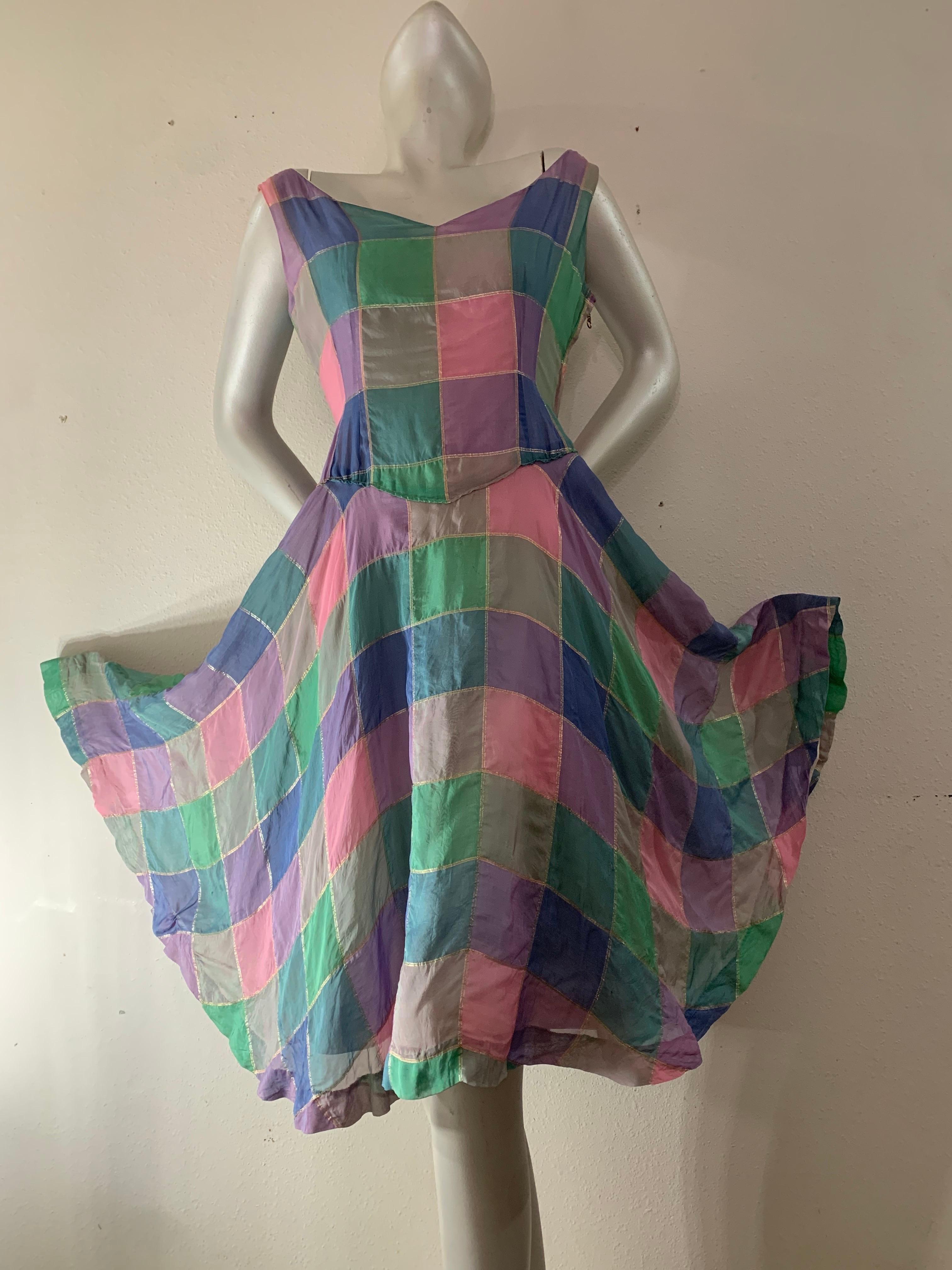 1950s Soft Flowing Plaid Silk Organza Dress in Pink Blue & Teal For Sale 7