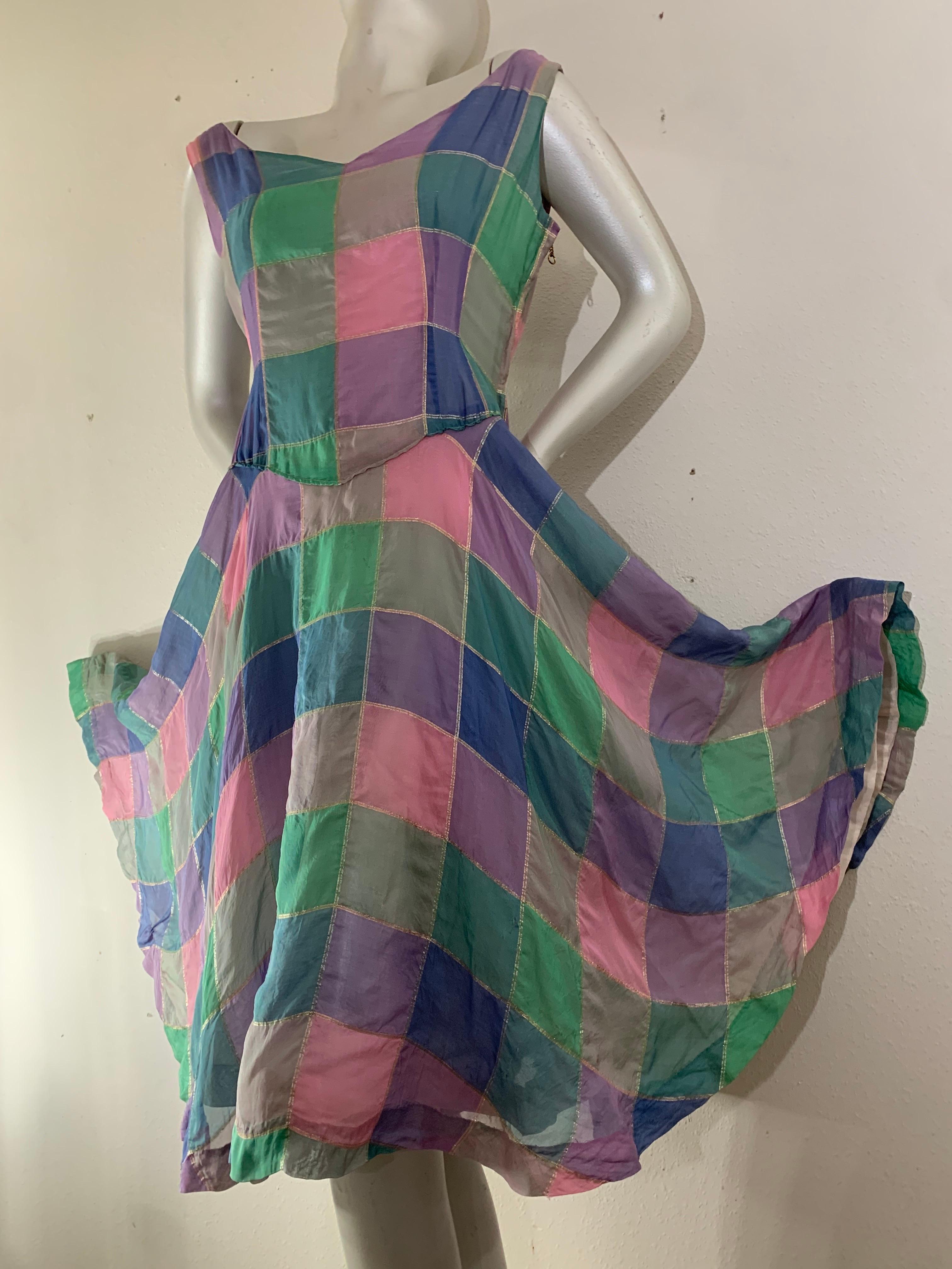 1950s Soft Flowing Plaid Silk Organza Dress in Pink Blue & Teal For Sale 8