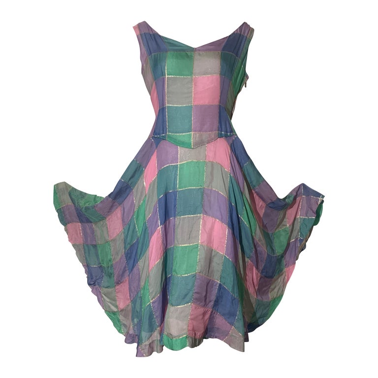 1950s Soft Flowing Plaid Silk Organza Dress In Pink Blue & Teal