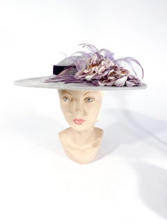 1950s Soft Grey Picture Hat with Purple Velvet Band, Flowers, and Feathers
