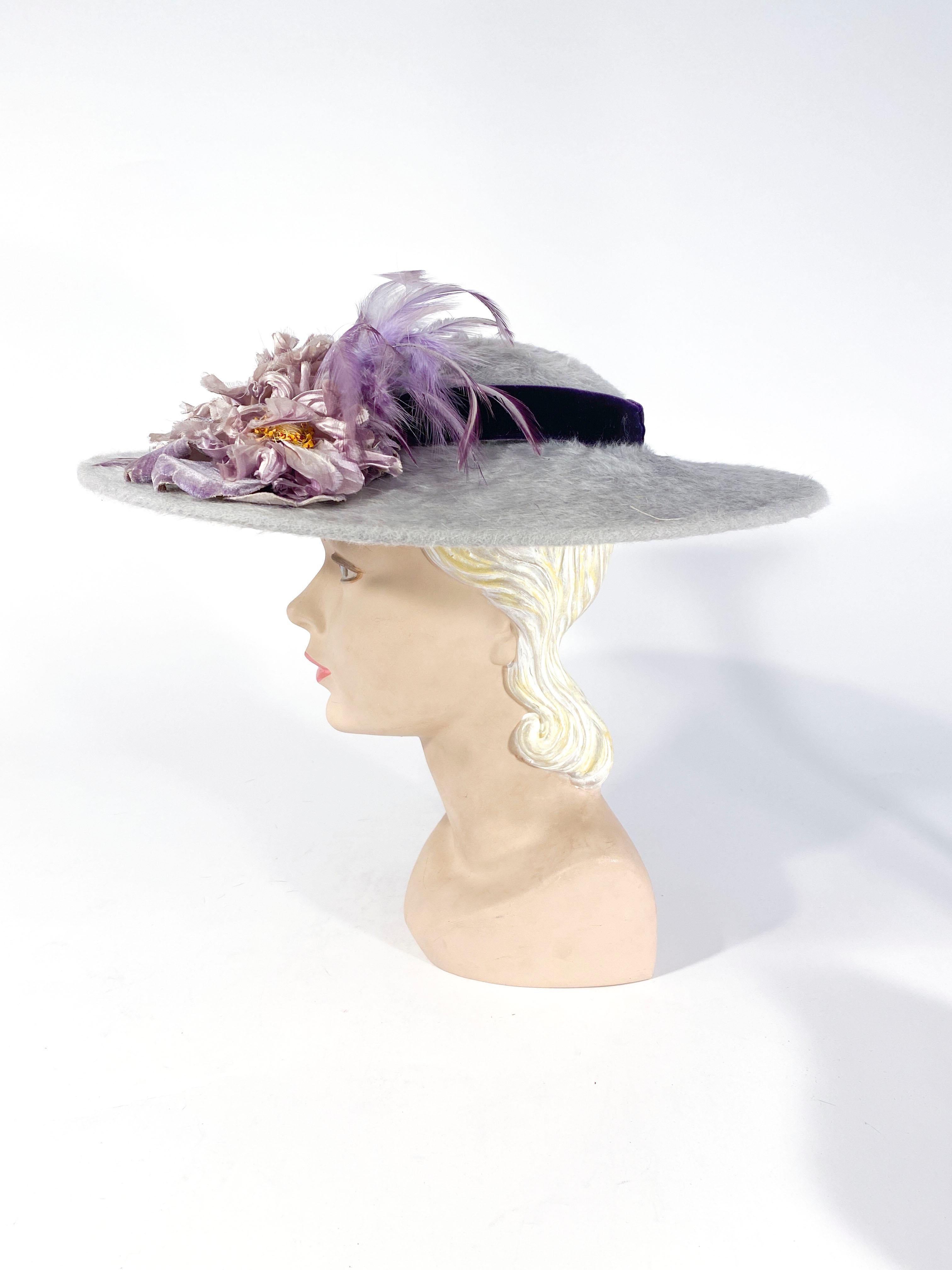 Gray 1950s Soft Grey Picture Hat with Purple Velvet Band, Flowers, and Feathers