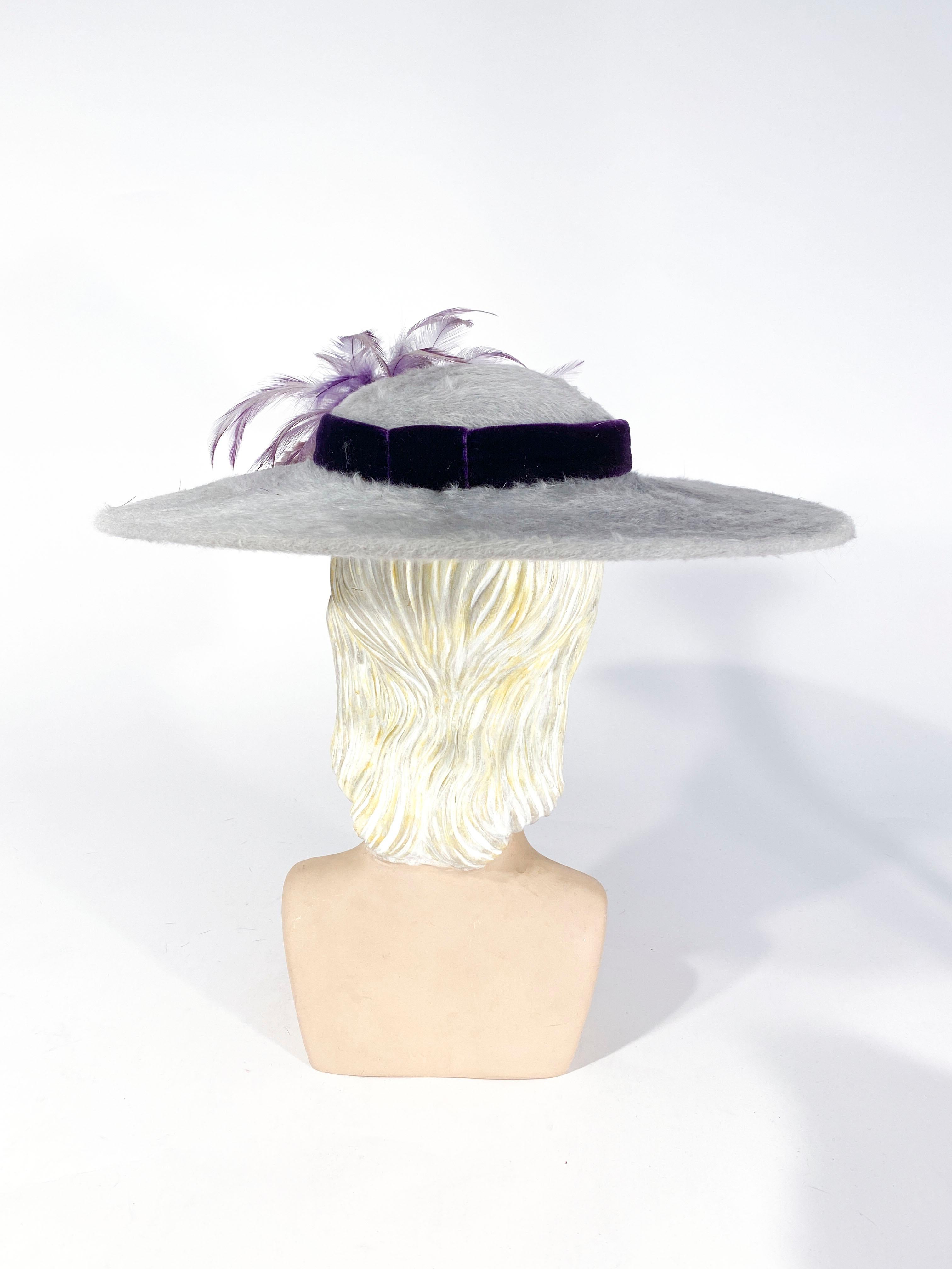 1950s Soft Grey Picture Hat with Purple Velvet Band, Flowers, and Feathers In Good Condition In San Francisco, CA