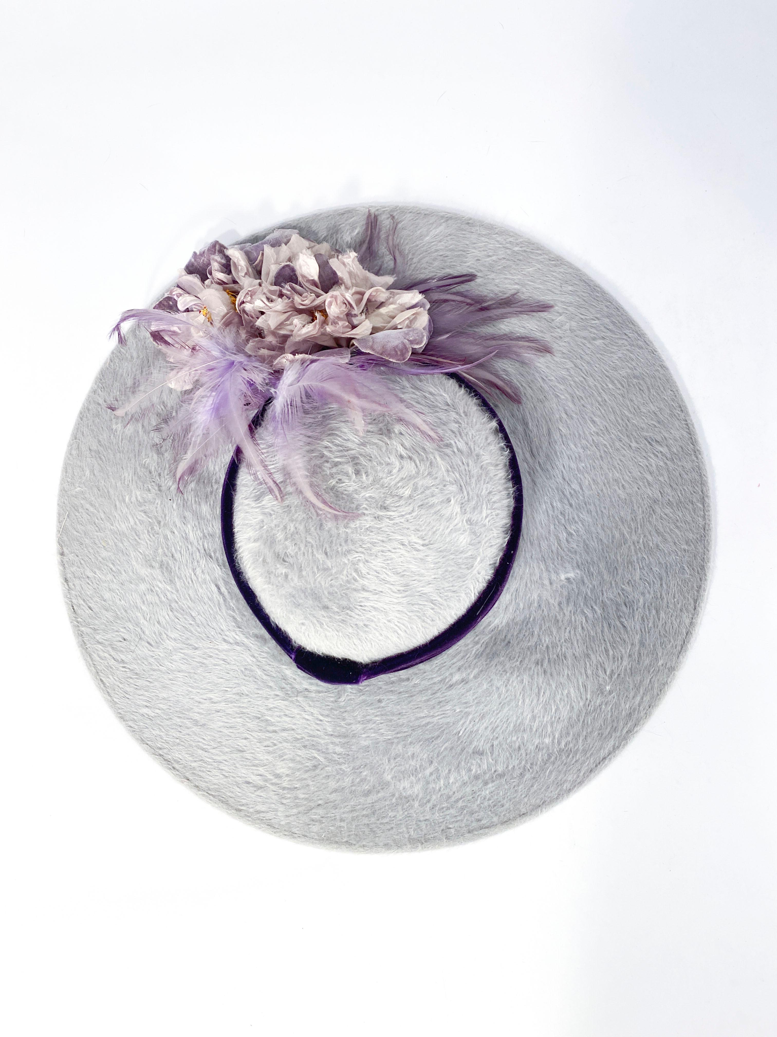 Women's 1950s Soft Grey Picture Hat with Purple Velvet Band, Flowers, and Feathers