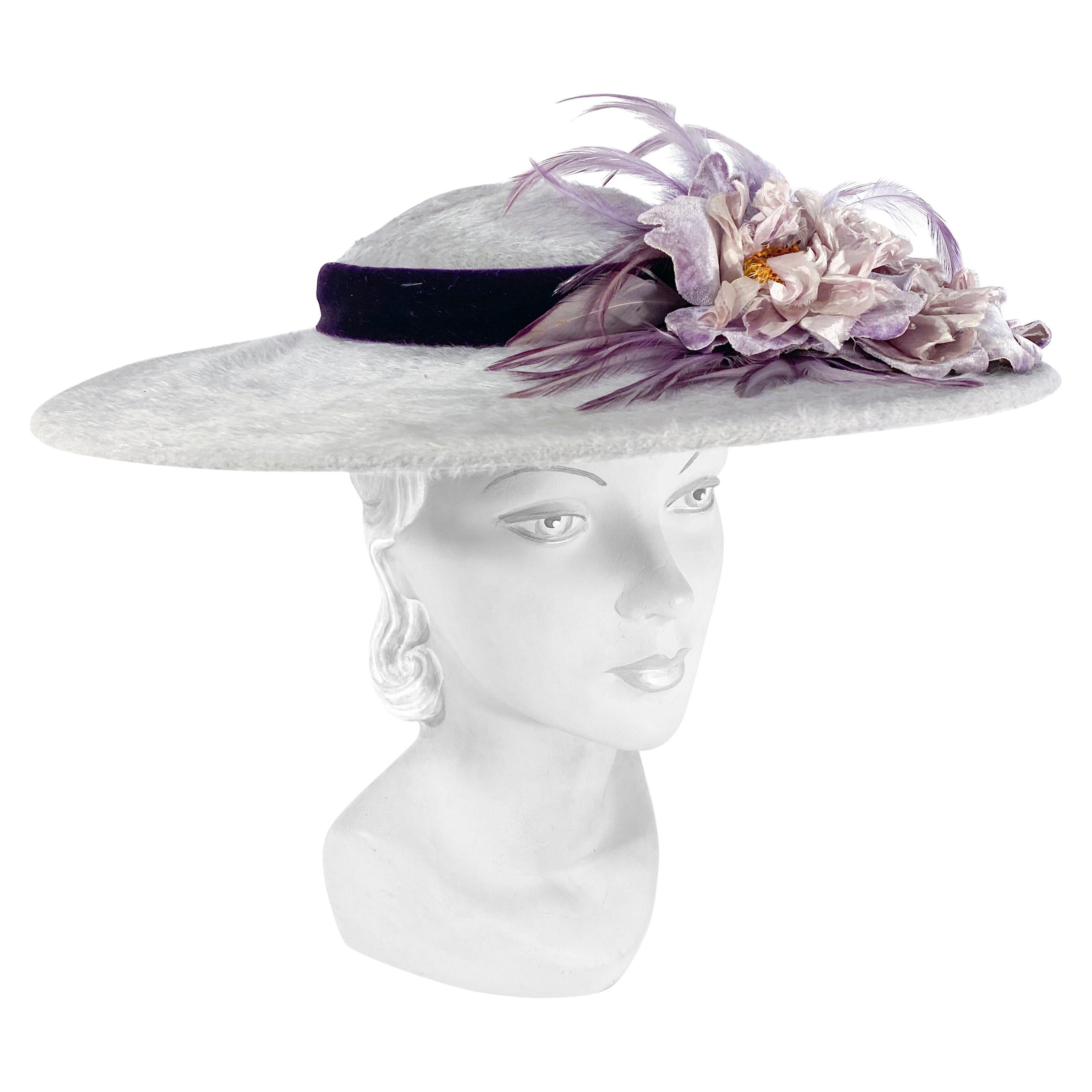 1950s Soft Grey Picture Hat with Purple Velvet Band, Flowers, and Feathers