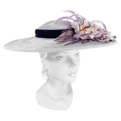 Vintage 1950s Soft Grey Picture Hat with Purple Velvet Band, Flowers, and Feathers