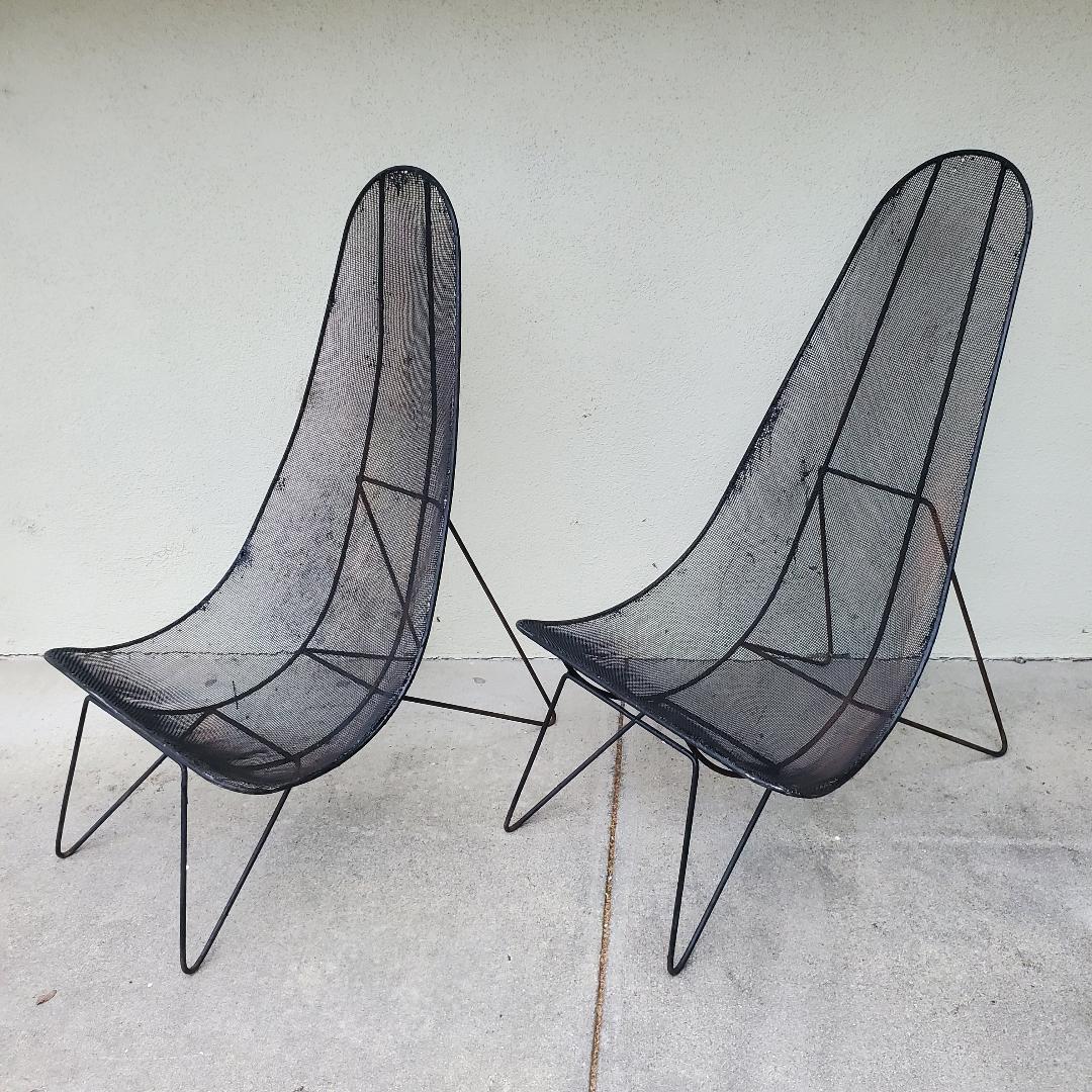 Mid Century Modern Sol Bloom Scoop Chairs of Black Wrought Iron, 1950s.

These High Back Patio Or Inside Lounge Chairs Are A Rare Find.
These Black Wrought Iron and Mesh Lounge Chairs Were Found As They Stand, What You See Is The Condition They Are