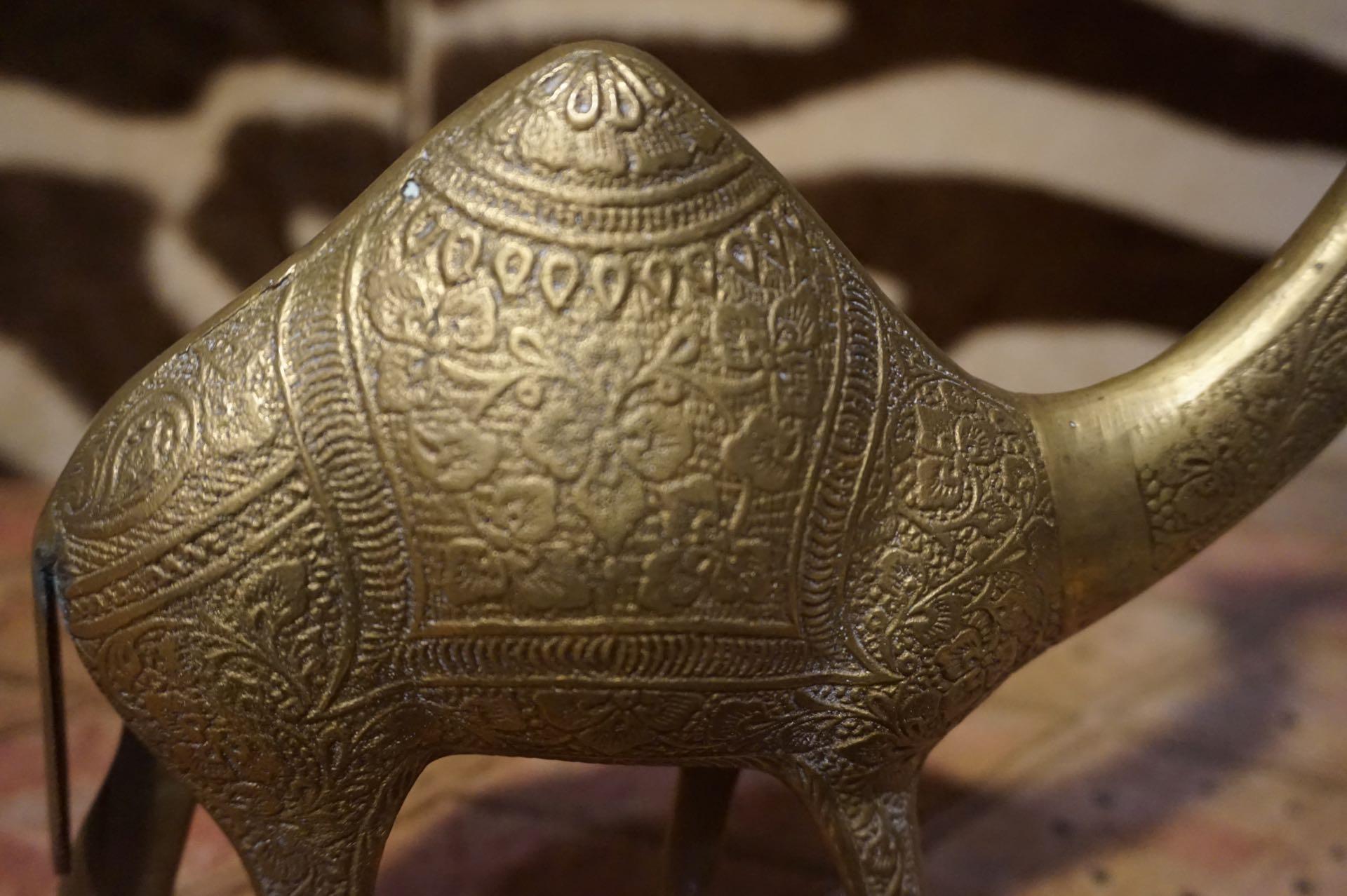 Anglo-Indian 1950's Solid Brass Hand Engraved Camel Sculpture Objet D' Art For Sale