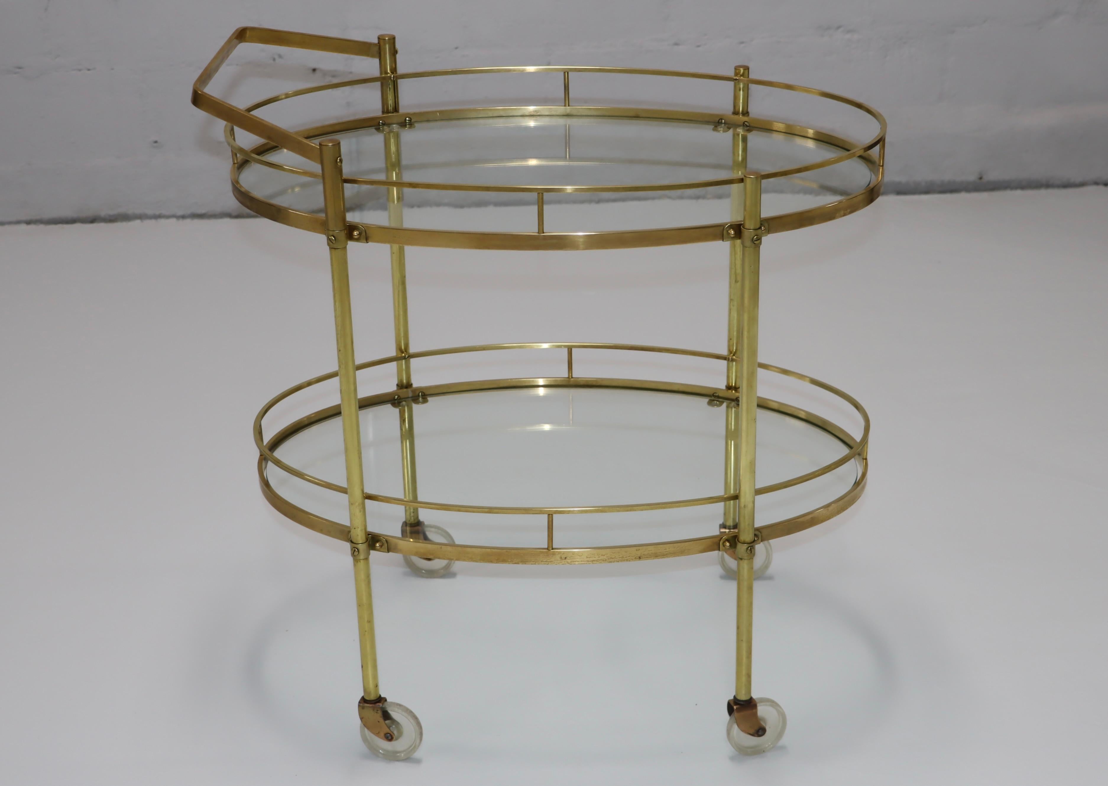 1950's Solid Brass Italian Oval Bar Cart  In Good Condition In New York, NY