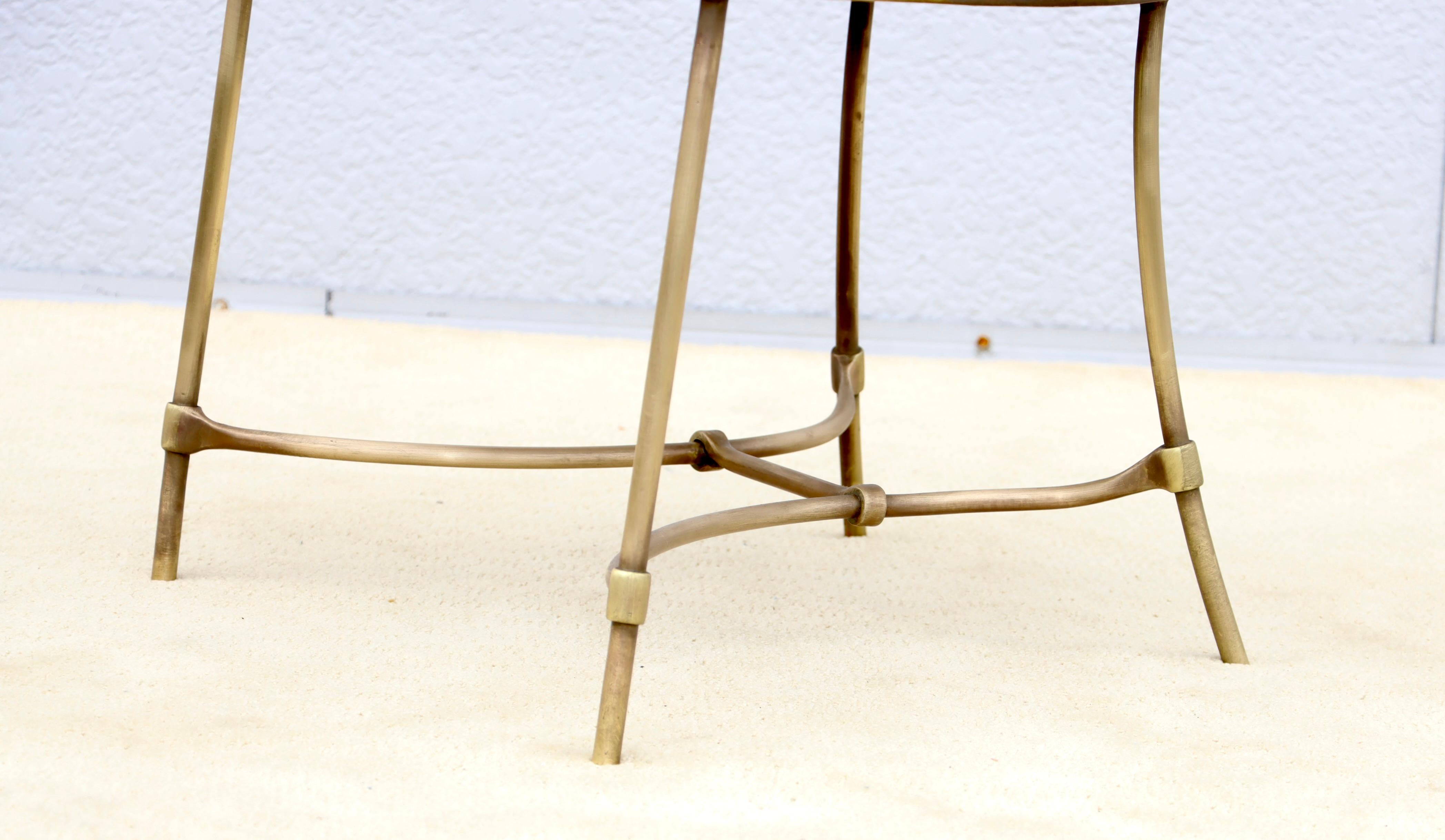 1950's solid brass modern Italian side armchair with velvet uhplstery, in vintage condition with some wear and patina to the brass, lightly hand polished.  