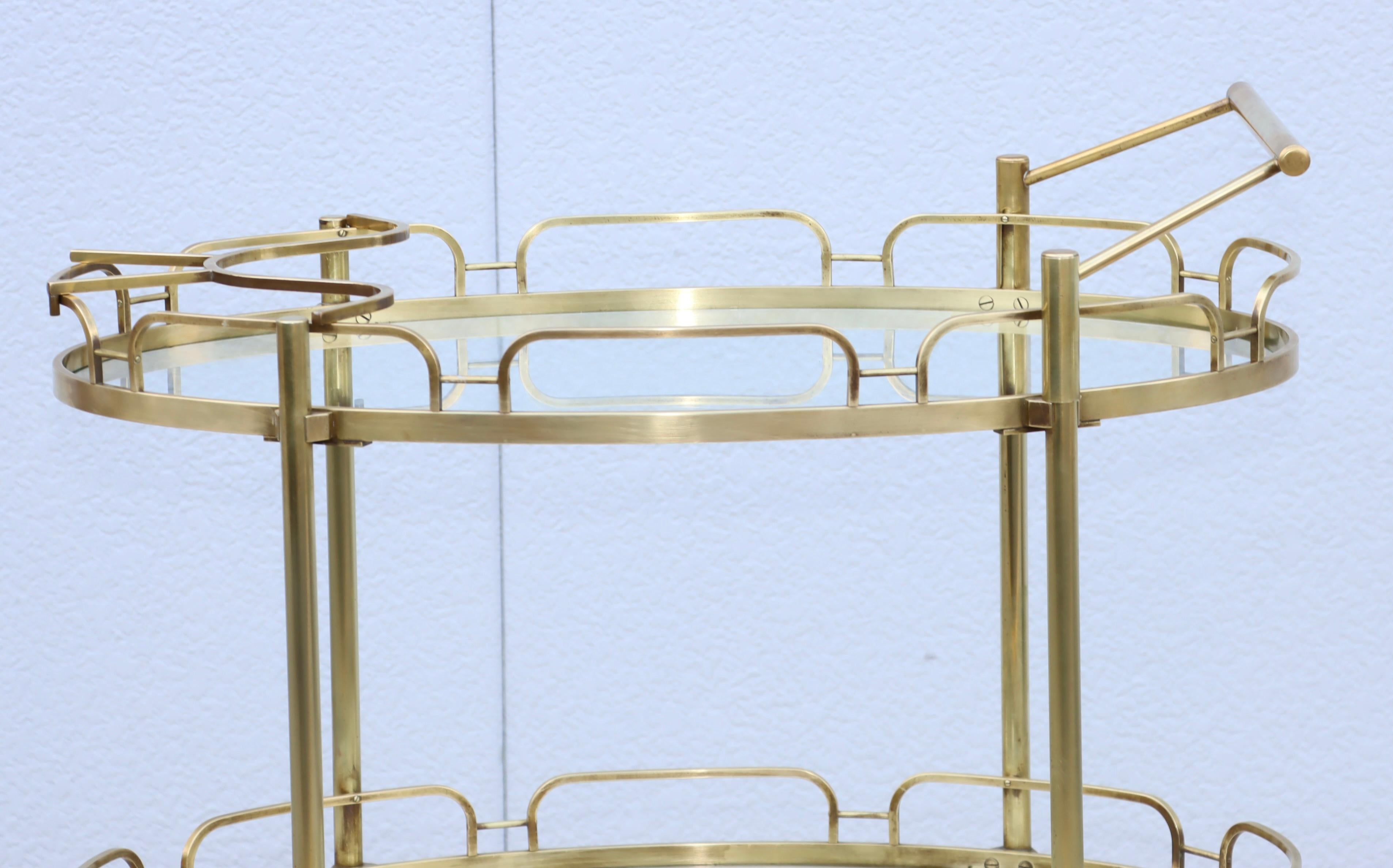 Mid-Century Modern 1950's Solid Brass Oval Bar Cart By Maxwell Phillips For Sale
