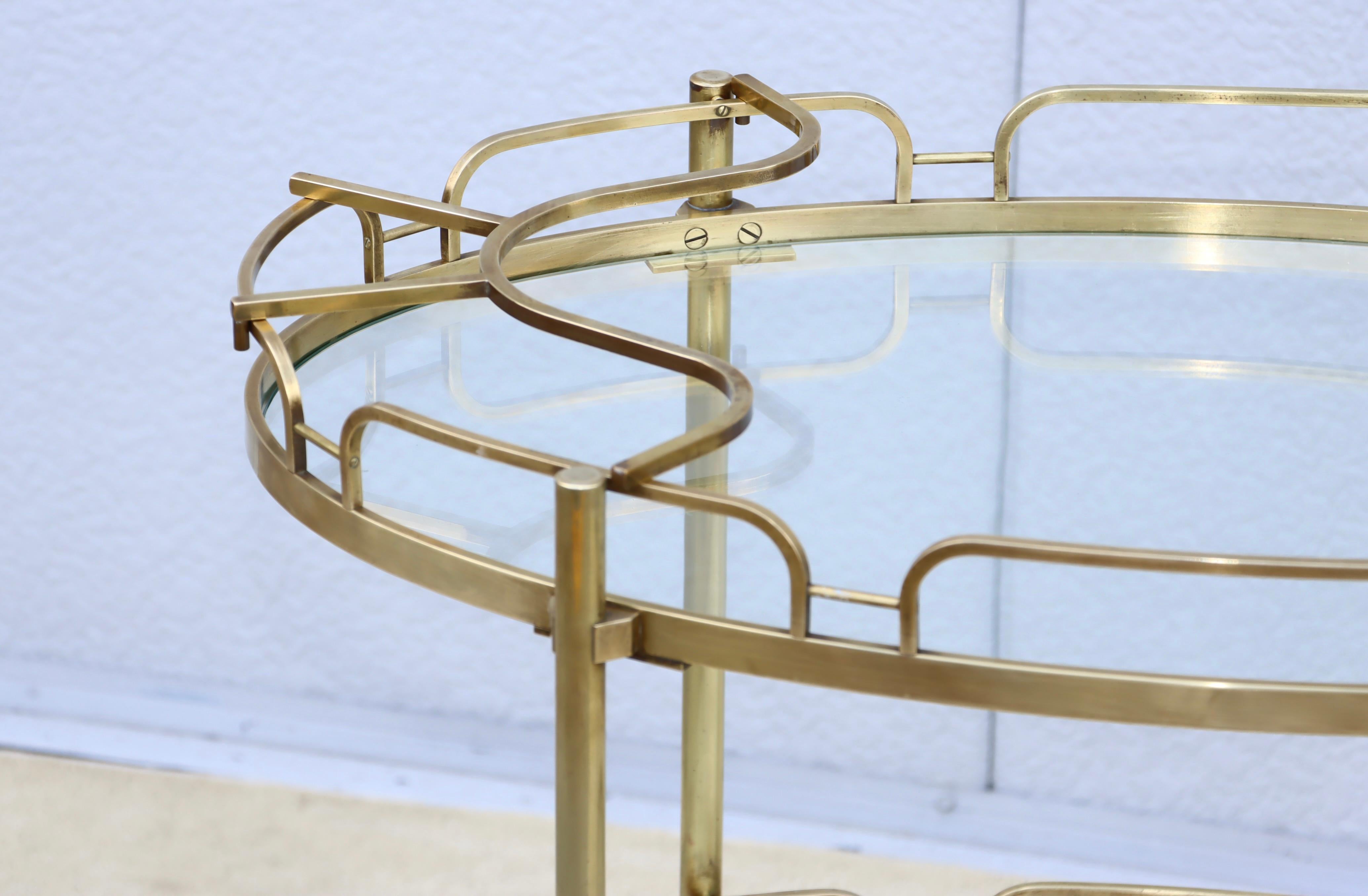 1950's Solid Brass Oval Bar Cart By Maxwell Phillips In Good Condition For Sale In New York, NY