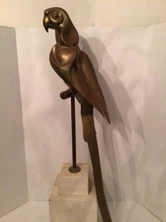 1950s Solid Brass Parrot Sculpture on a Painted Wood Base