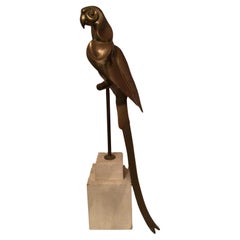 1950s Solid Brass Parrot Sculpture on a Painted Wood Base