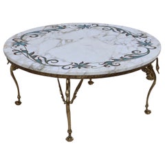 1950's Solid Brass Swan Legs Italian Coffee Table With Inlay Carrara Marble Top