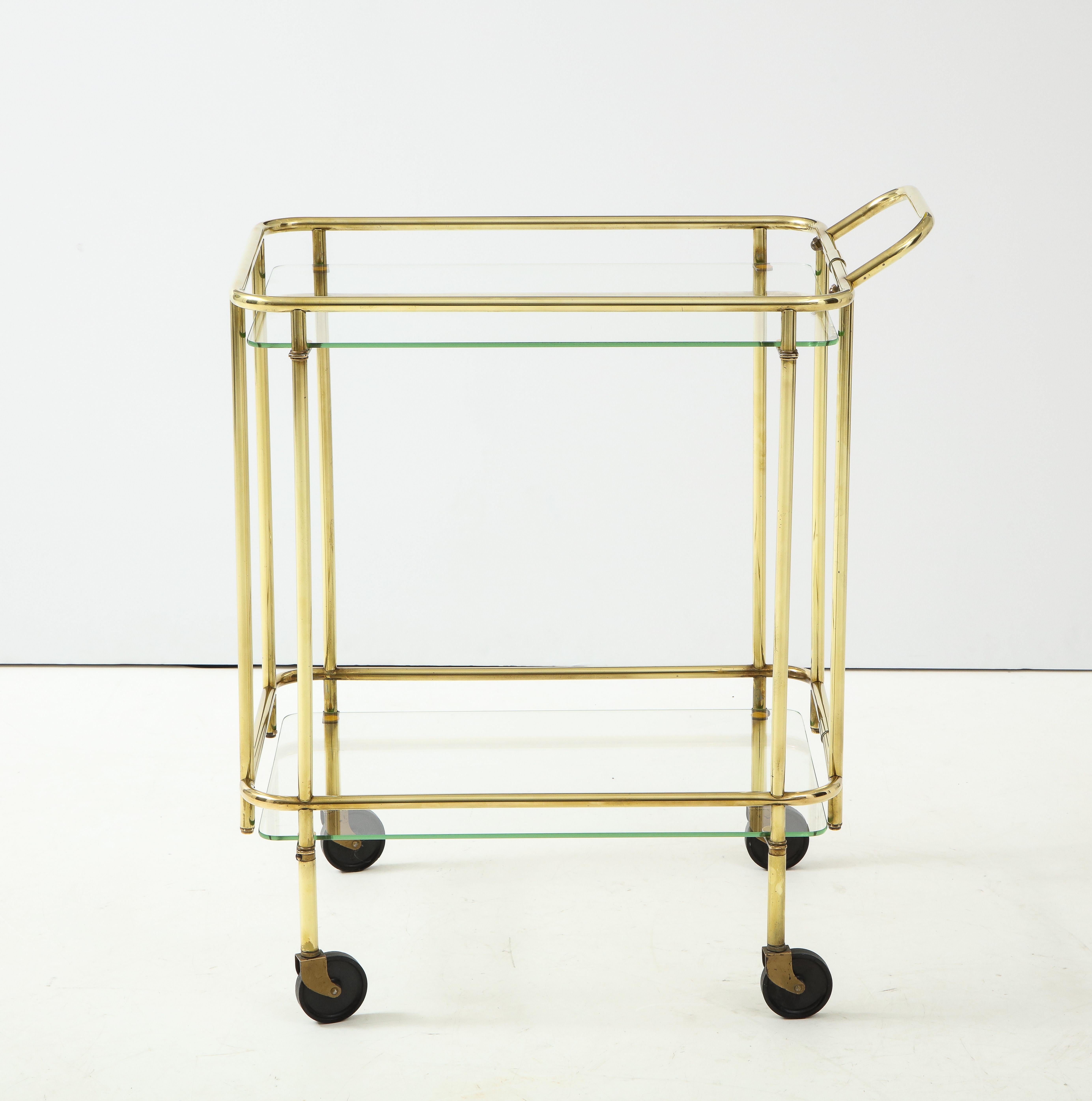 Mid-Century Modern 1950's Solid Brass Two Tier Brass Italian Bar Cart For Sale