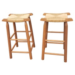 1950s Solid Maple and Rush Seat Counter Stools Bar Stools, a Pair