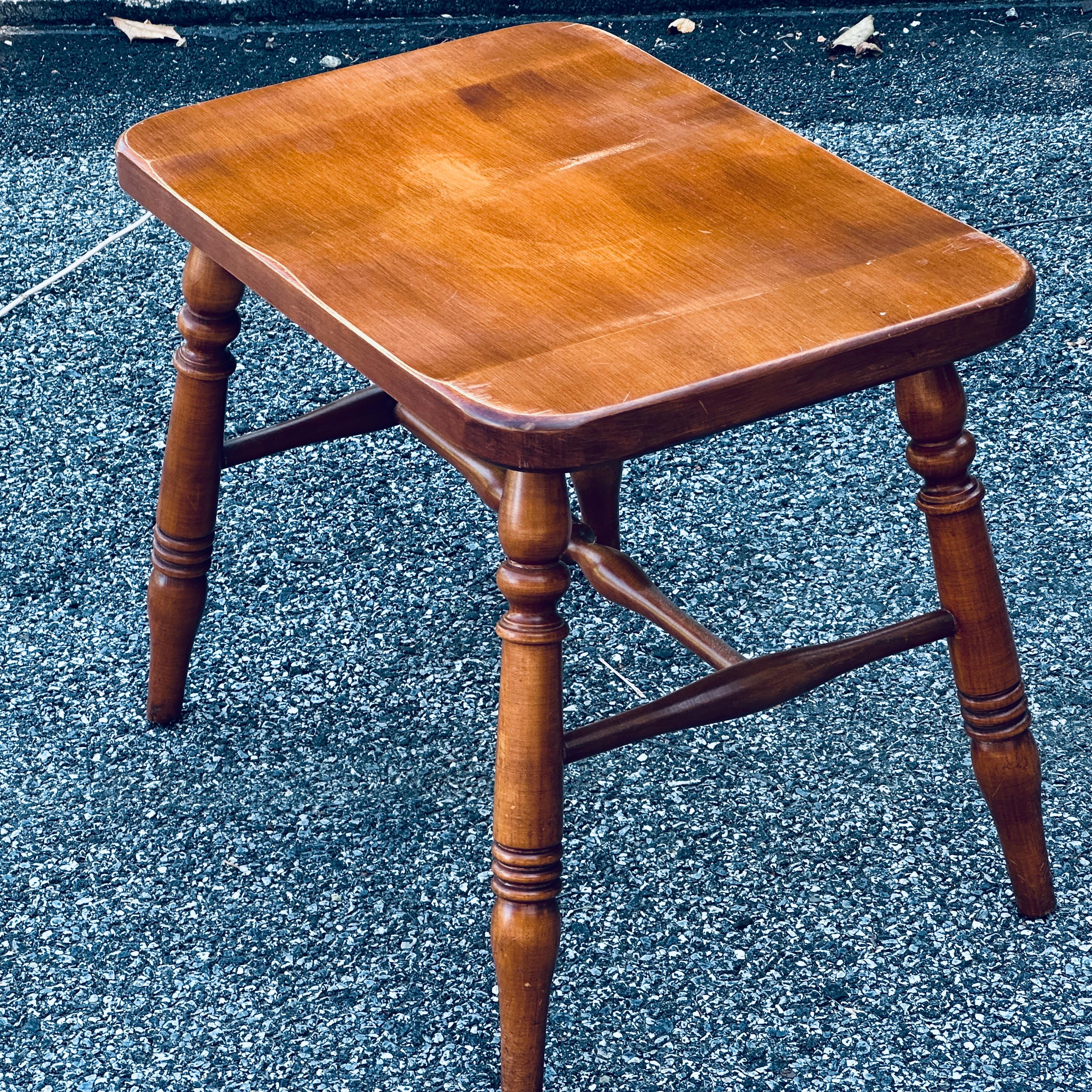 1950's Solid Maple Windsor Bench or Low Stool With Turned Legs & Shaped Seat For Sale 3