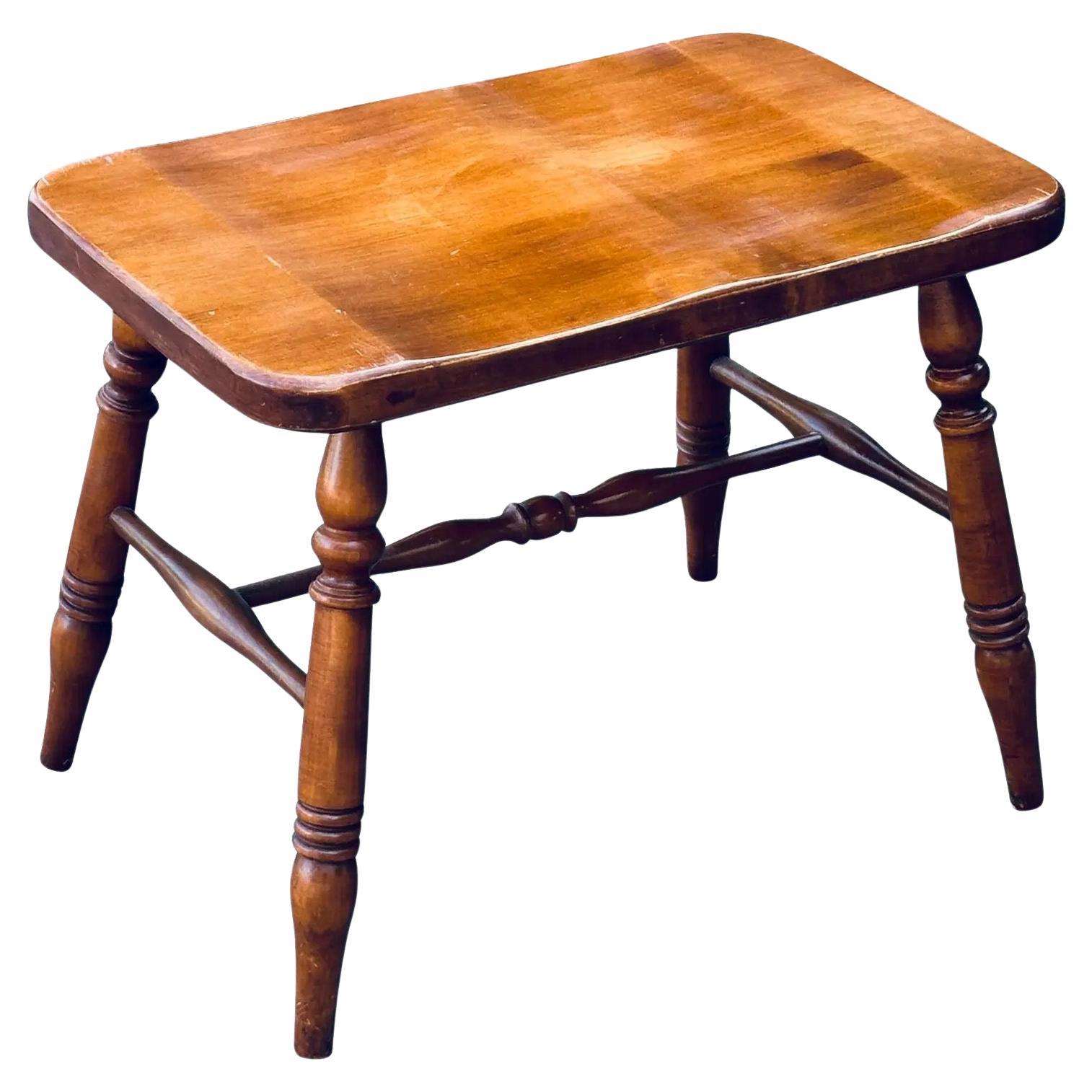 1950's Solid Maple Windsor Bench or Low Stool With Turned Legs & Shaped Seat