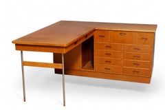 1950s Solid Oak Danish Modern L-Shaped Desk + Credenza