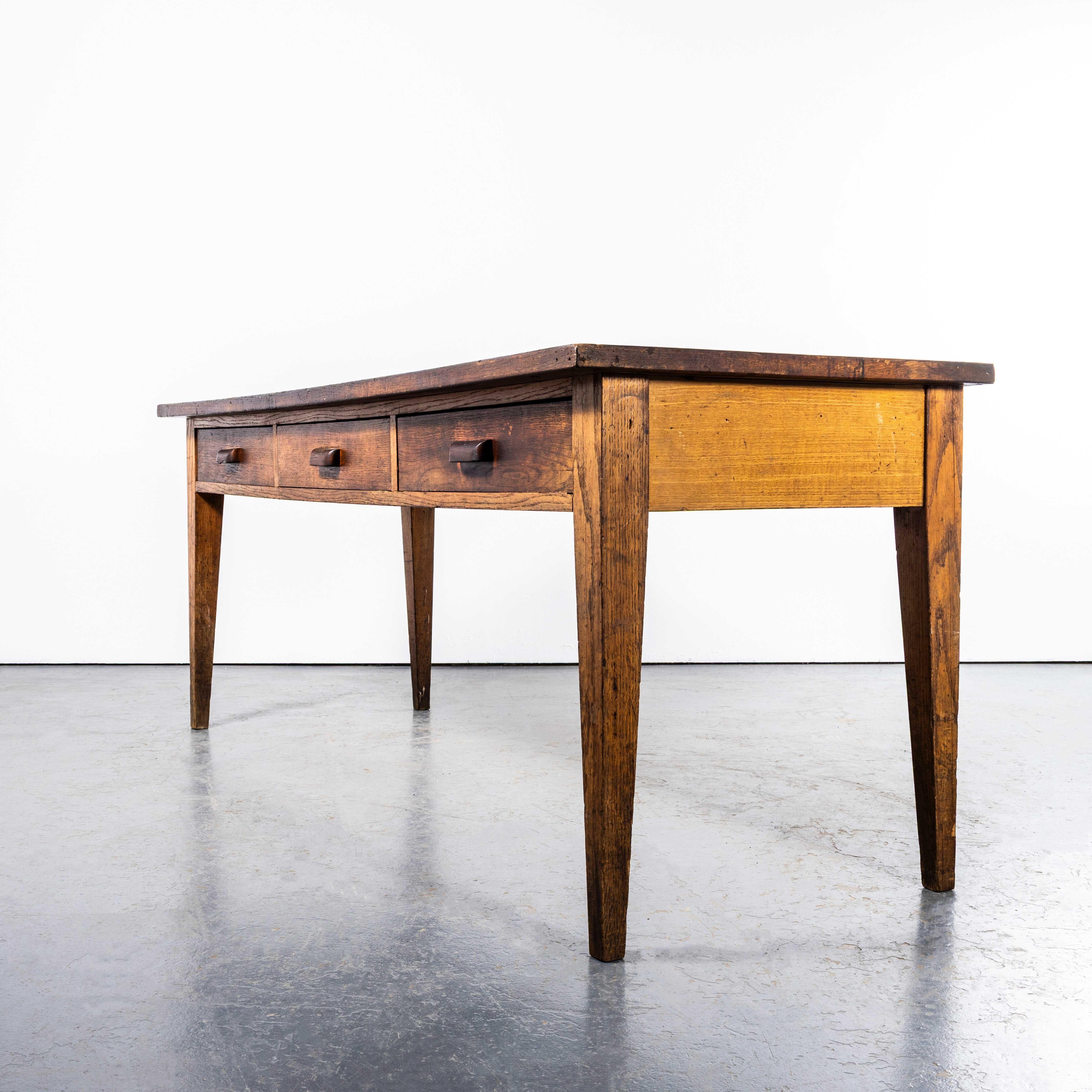 Mid-20th Century 1950's Solid Oak Three Drawer French School Laboratory Dining Table For Sale