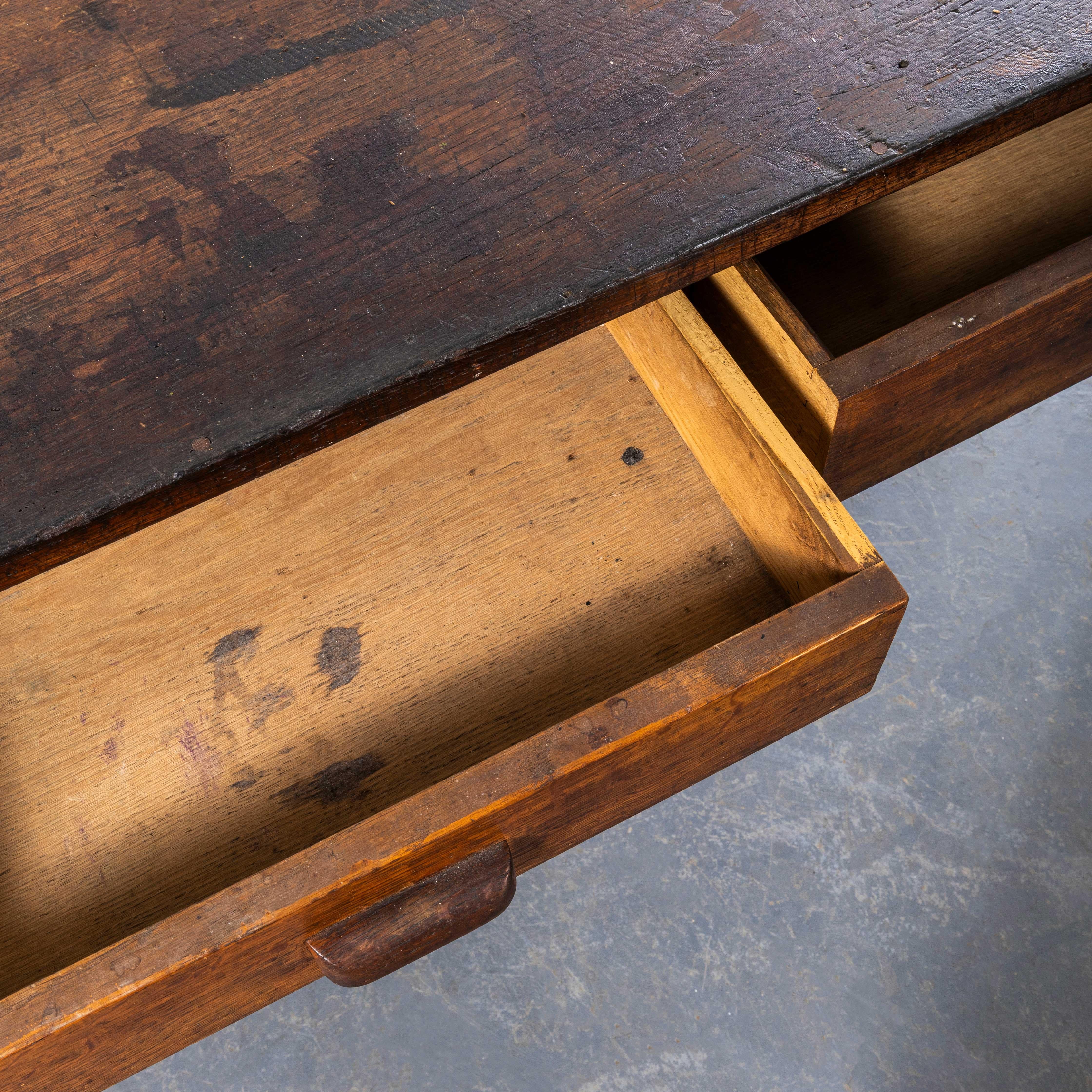 1950's Solid Oak Three Drawer French School Laboratory Dining Table For Sale 1