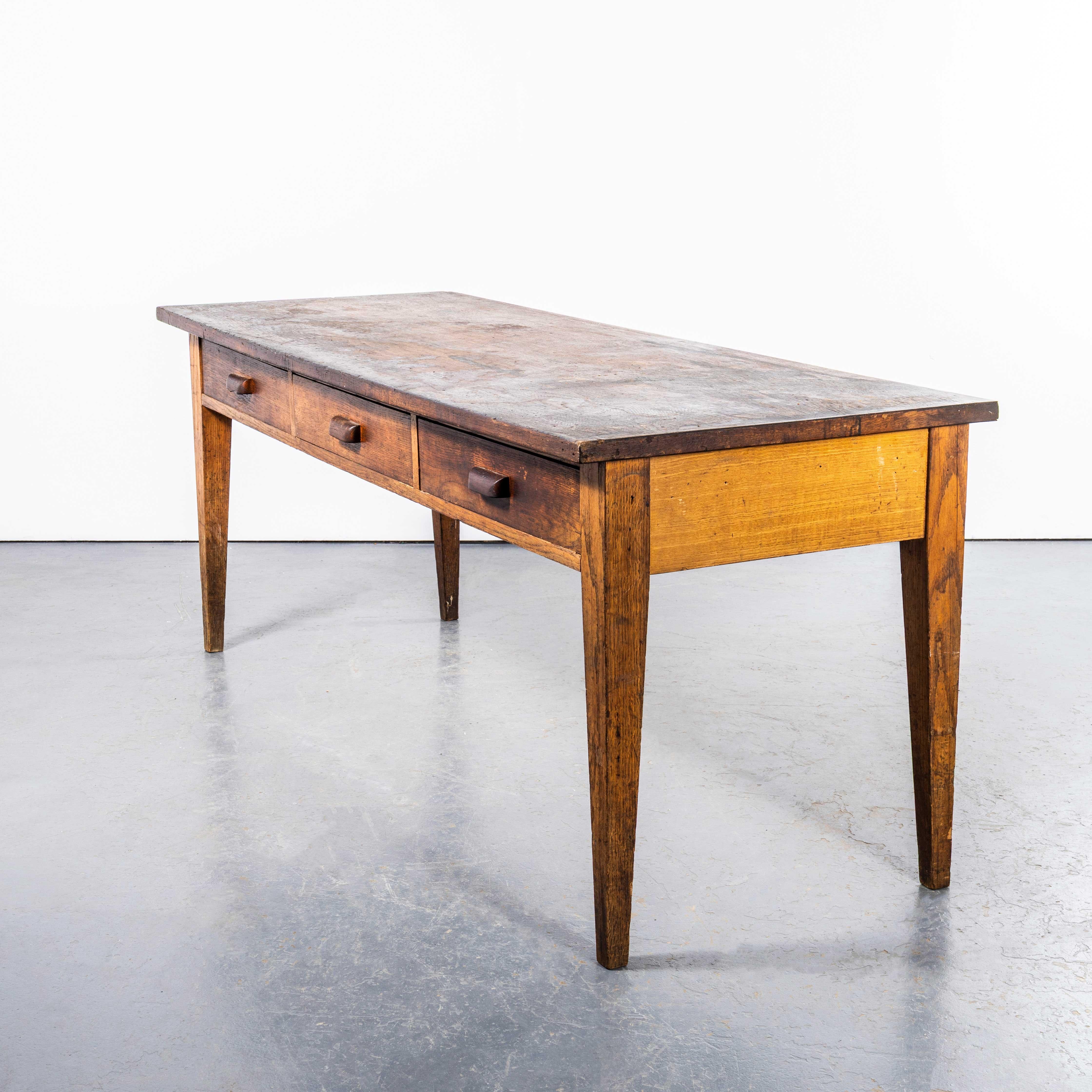 1950's Solid Oak Three Drawer French School Laboratory Dining Table For Sale 2
