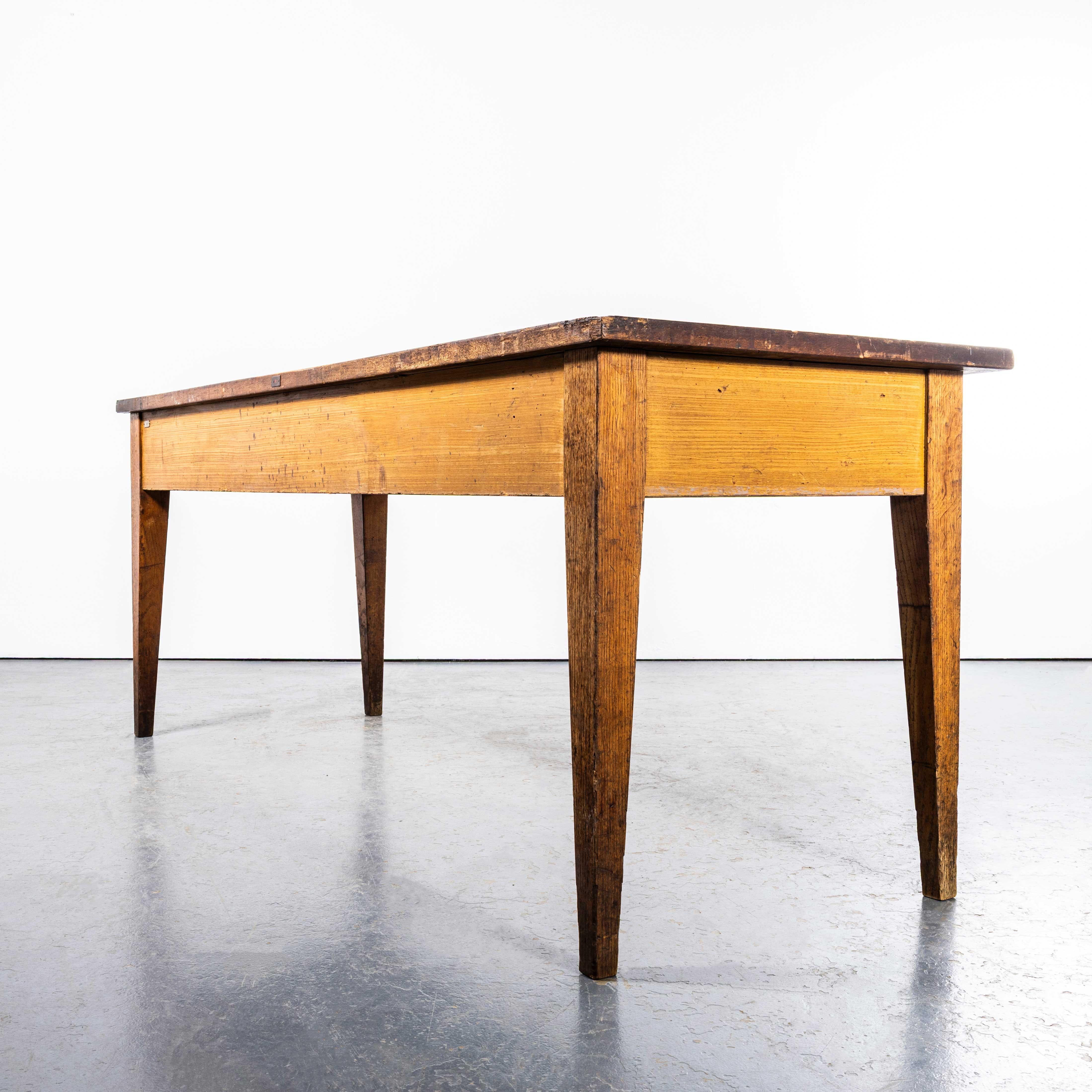 1950's Solid Oak Three Drawer French School Laboratory Dining Table For Sale 5