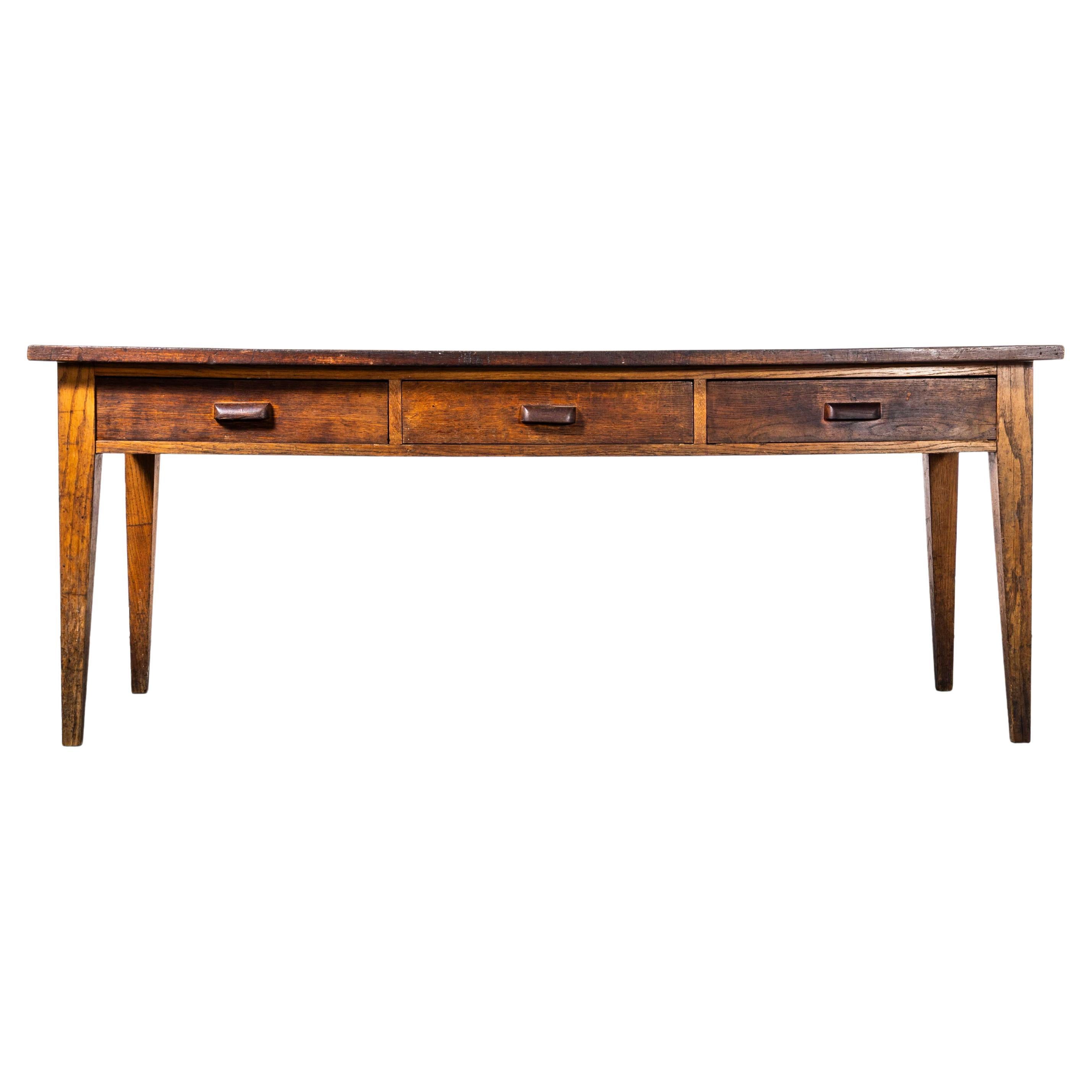 1950's Solid Oak Three Drawer French School Laboratory Dining Table